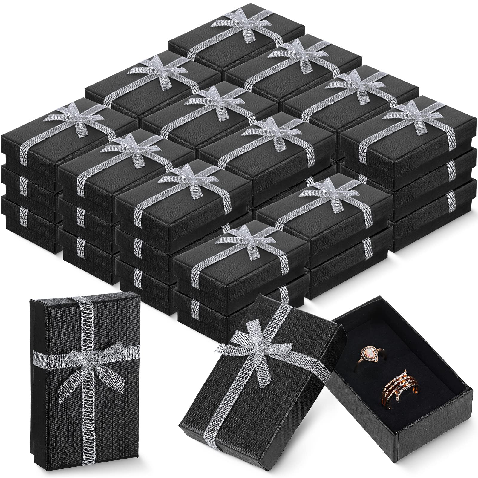 Highergo 36 Pcs Jewelry Gift Box Set Cardboard Paper Jewelry Boxes Packaging Empty Small Gift Boxes with Lids Ribbon Bowknot Bulk for Rings Earrings Necklace Bracelet Jewelry Gift Boxes (Black)