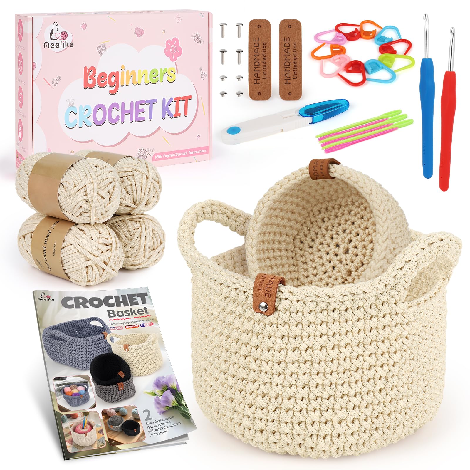 Aeelike Crochet Kit, Crochet Basket Kit, Starter Crochet Kits for Beginners Adults with Step-by-Step Instructions Yarn and Accessories, DIY Round Crochet Storage Basket Making Kit, Beige