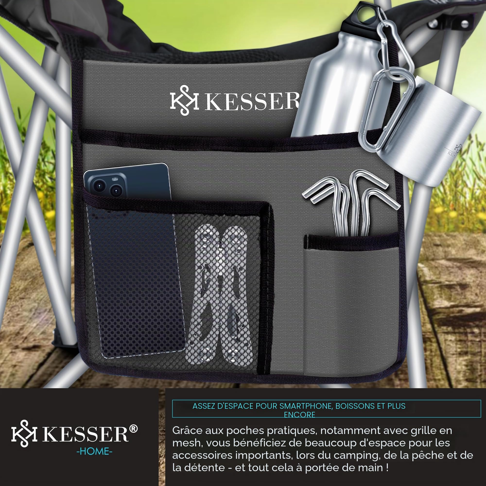 KESSER® Chaise de camping jusqu'à 150 kg, de pêche, pliable, rembourrée avec accoudoirs et dossier haut, lumière de camping et porte-gobelets + sac, pliable, anthracite/noir