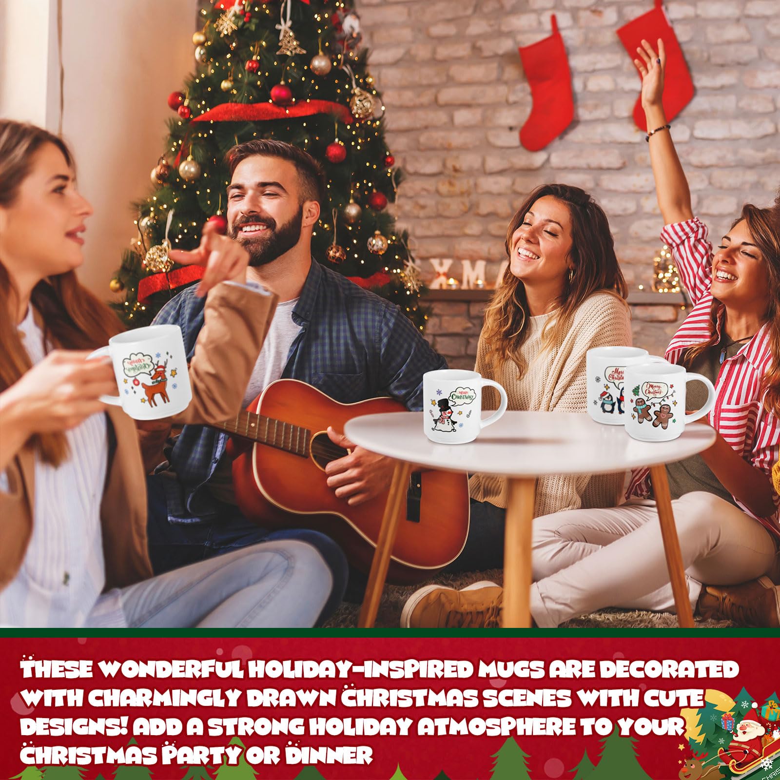 Yungyan 10 Stück Keramik-Weihnachtstassen, 266 ml, Weihnachts-Kaffeetassen, Schneeszene, Rentier, wiederverwendbare Feiertagstassen, Großpackung mit festlichen Designs, Tassen für Weihnachten, Tisch,