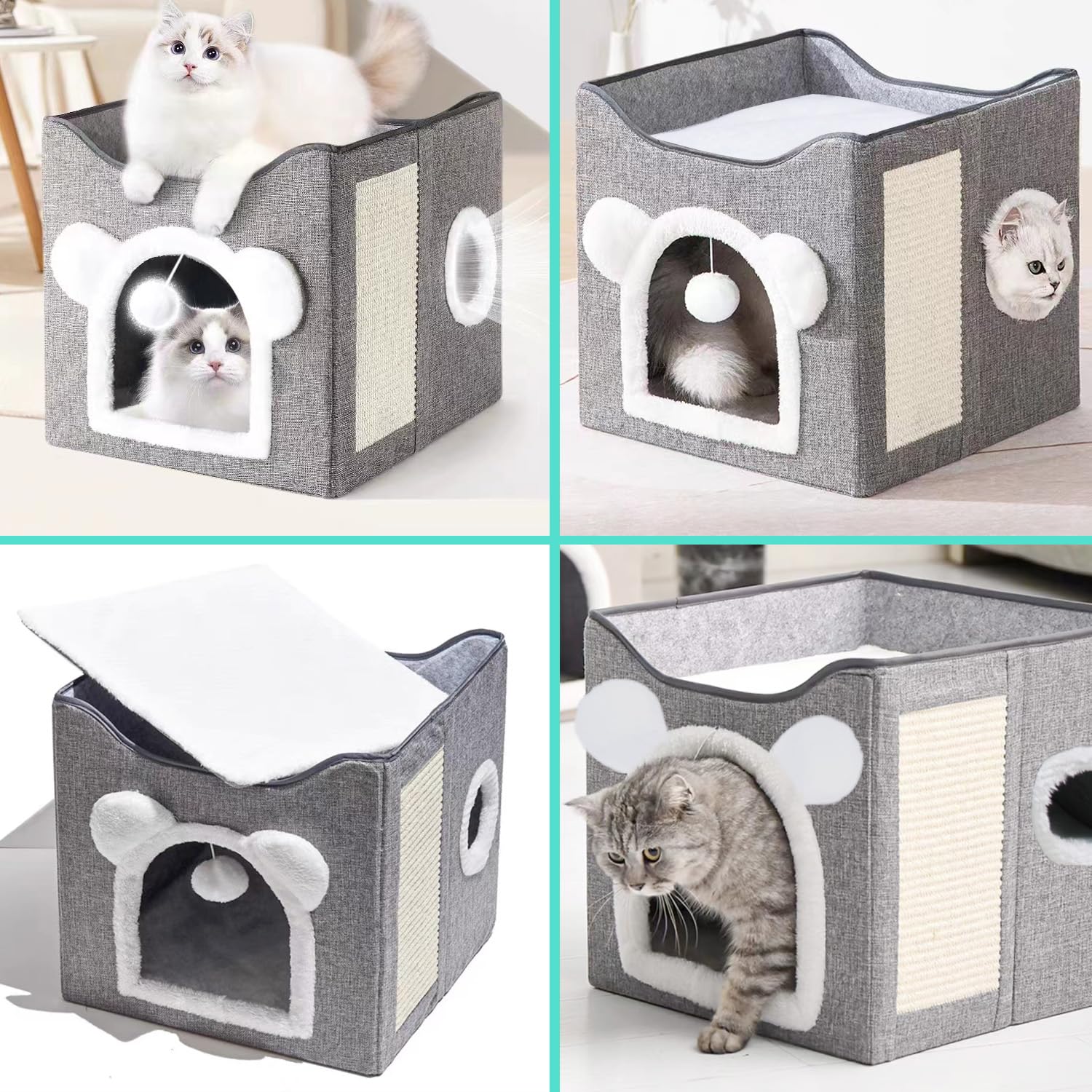 Faltbares Katzenhaus KatzenhöhleIndoor, schönHaus für Katzen mit Terrasse, Katzenhöhle 2 Schicht, mit Kratzbrett und Spielball, katzenbett für 2 Katzen, 42 x 40 x 39 cm, Grau