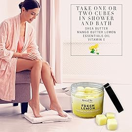 Body Scrub Exfoliator - 12oz FRESH LEMON Sugar scrub cubes w/Mango Butter & Shea butter- Ultra Hydrating & Moisturizing - Natural & Organic for all body exfoliation- For hands, arms legs, elbow & foot