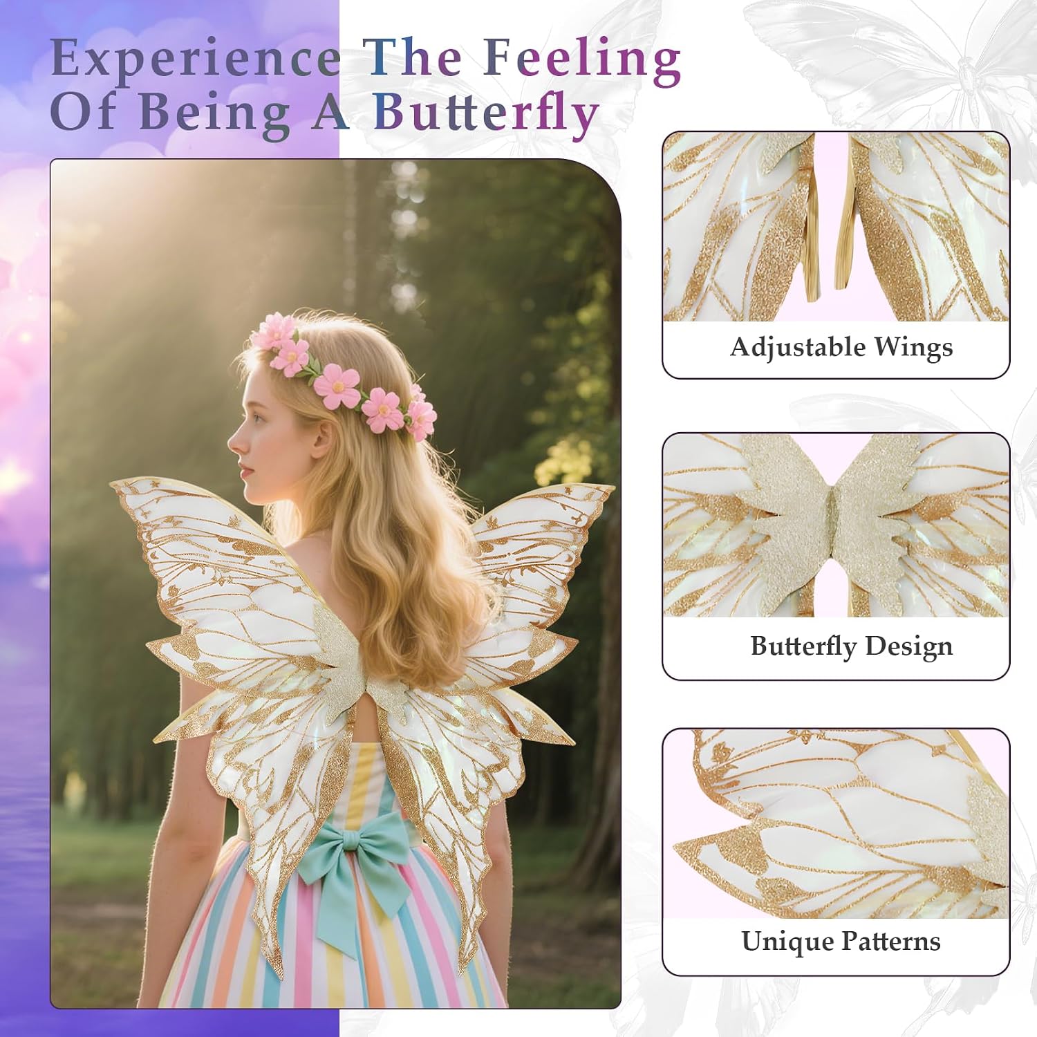 Snycler Fairy Wings for Adults, Fairy Costume Set with Floral Garland, Wand & Elf Ears Butterfly Wings