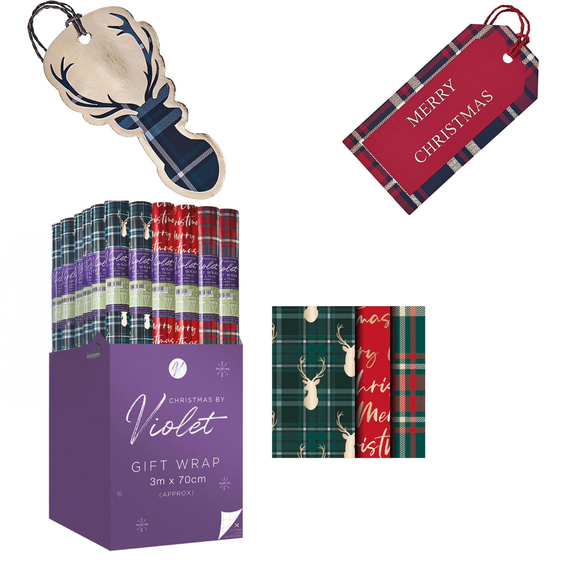 Design By Violet Tartan & Stag Christmas Wrapping Paper & Tag Bundle – 3 x 3m Foil Rolls + 16 Luxury Pre-Strung Gift Tags – Fully Recyclable Set