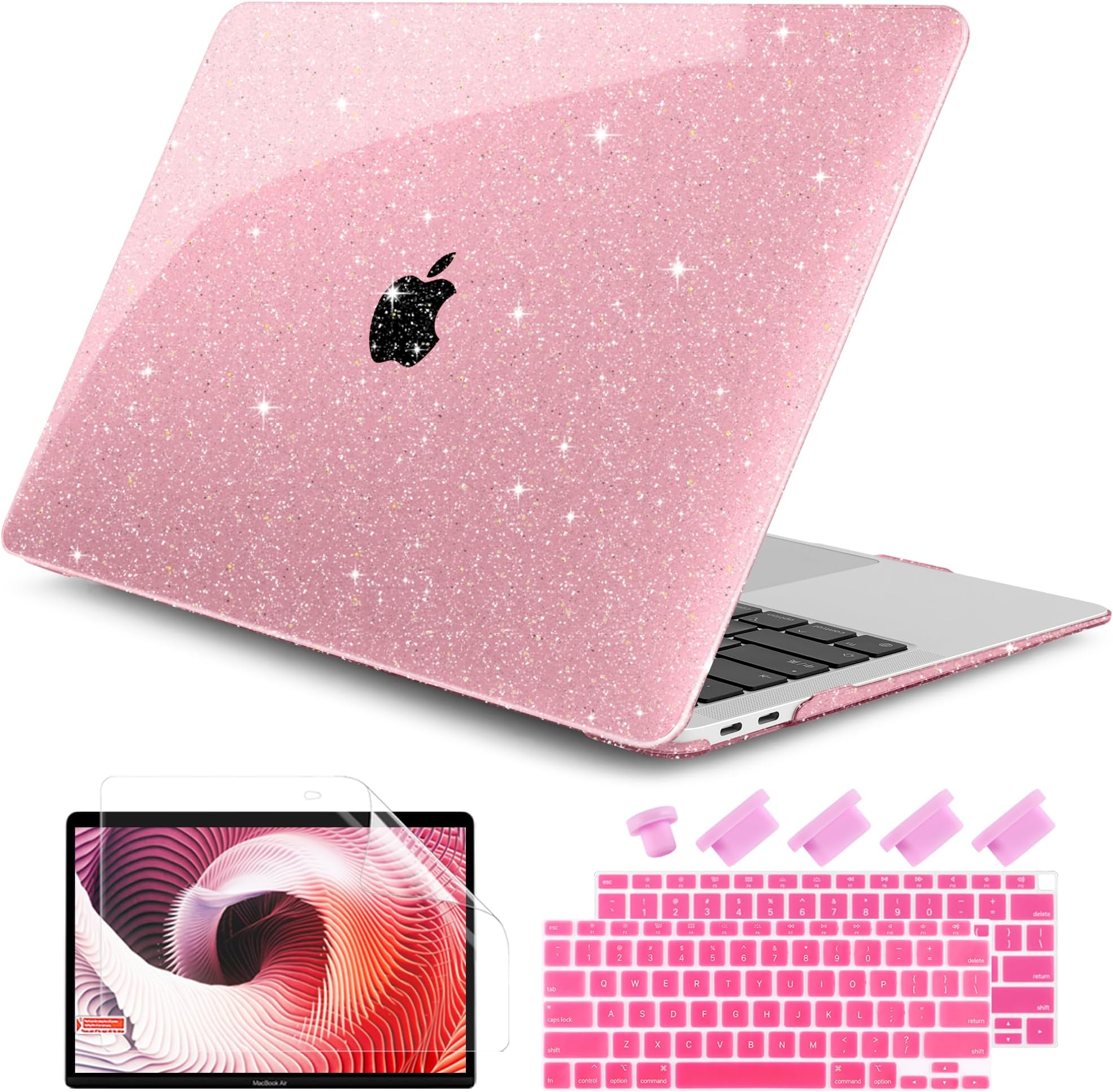 DONGKE MacBook Air 13 Inch Case for 2021-2018 Release A2337 M1 A2179 A1932 Bling Plastic Hard Shell Case & Keyboard Cover for MacBook Air 13 Inch Retina Touch ID, Bling Pink