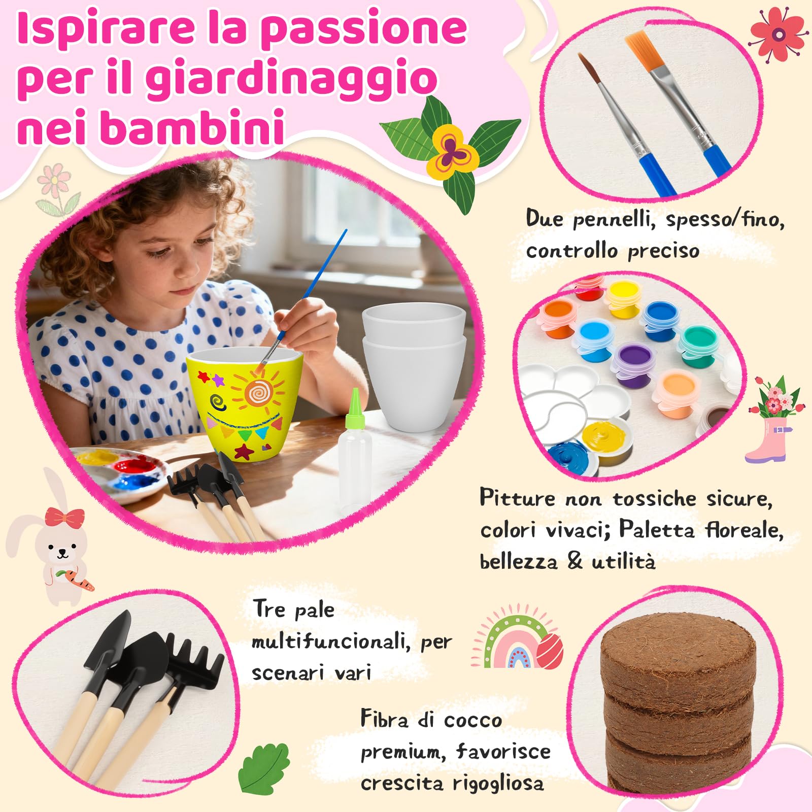IEEILULU Set Giardinaggio Bambini, Kit Pittura Vasi 35 Pezzi, Colorare Bambini Fai da Te, Set di Artigianato Regalo di Compleanno per Ragazze e Ragazzi 4-14 Anni
