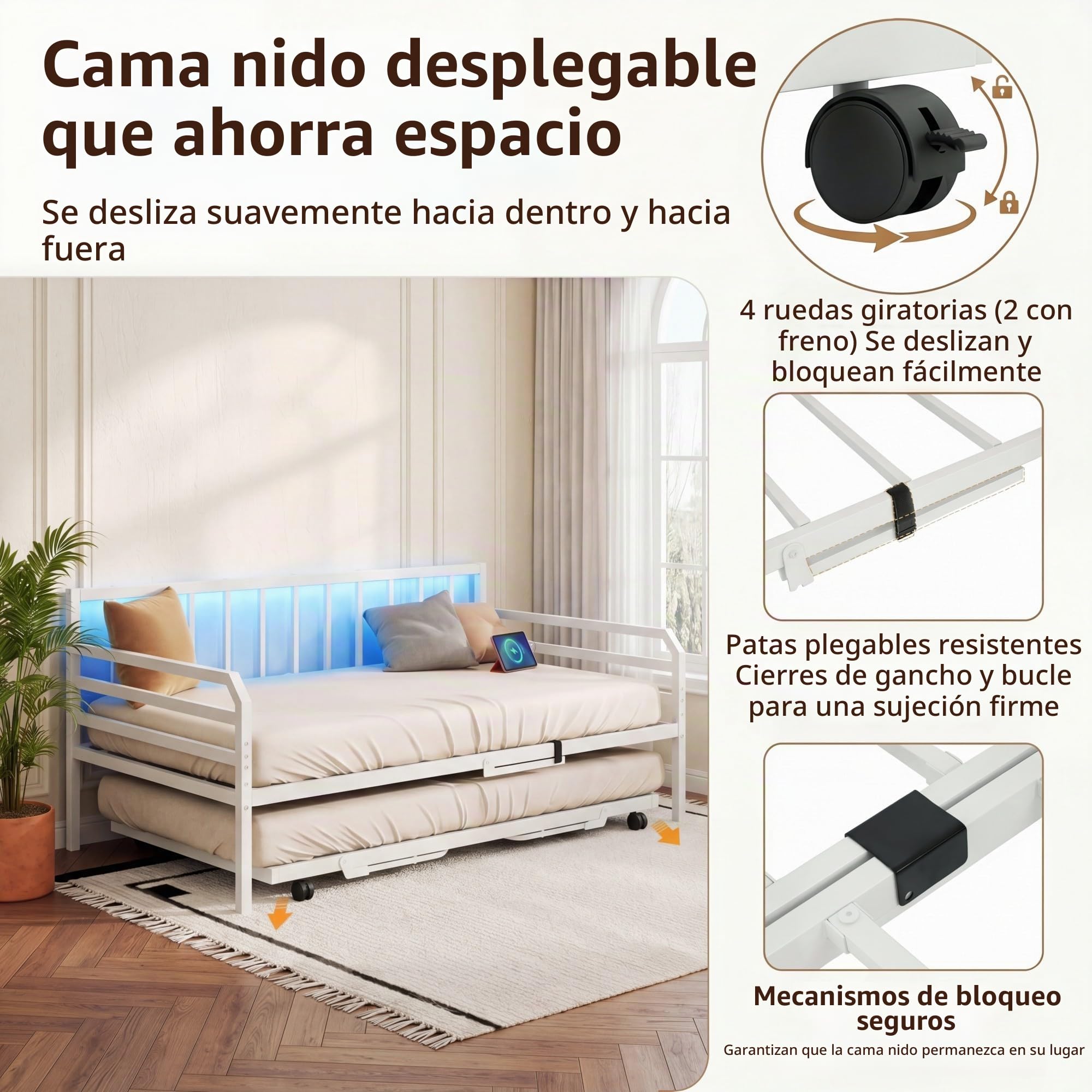KOMFOTTEU Estructura de Sofá Cama Extensible de 2 Plazas 90 x 200 cm, Cama Nido de Metal con Luces LED, Estación de Carga, Listones Resistentes, para Salón, Dormitorio, Apartamento (Blanco)