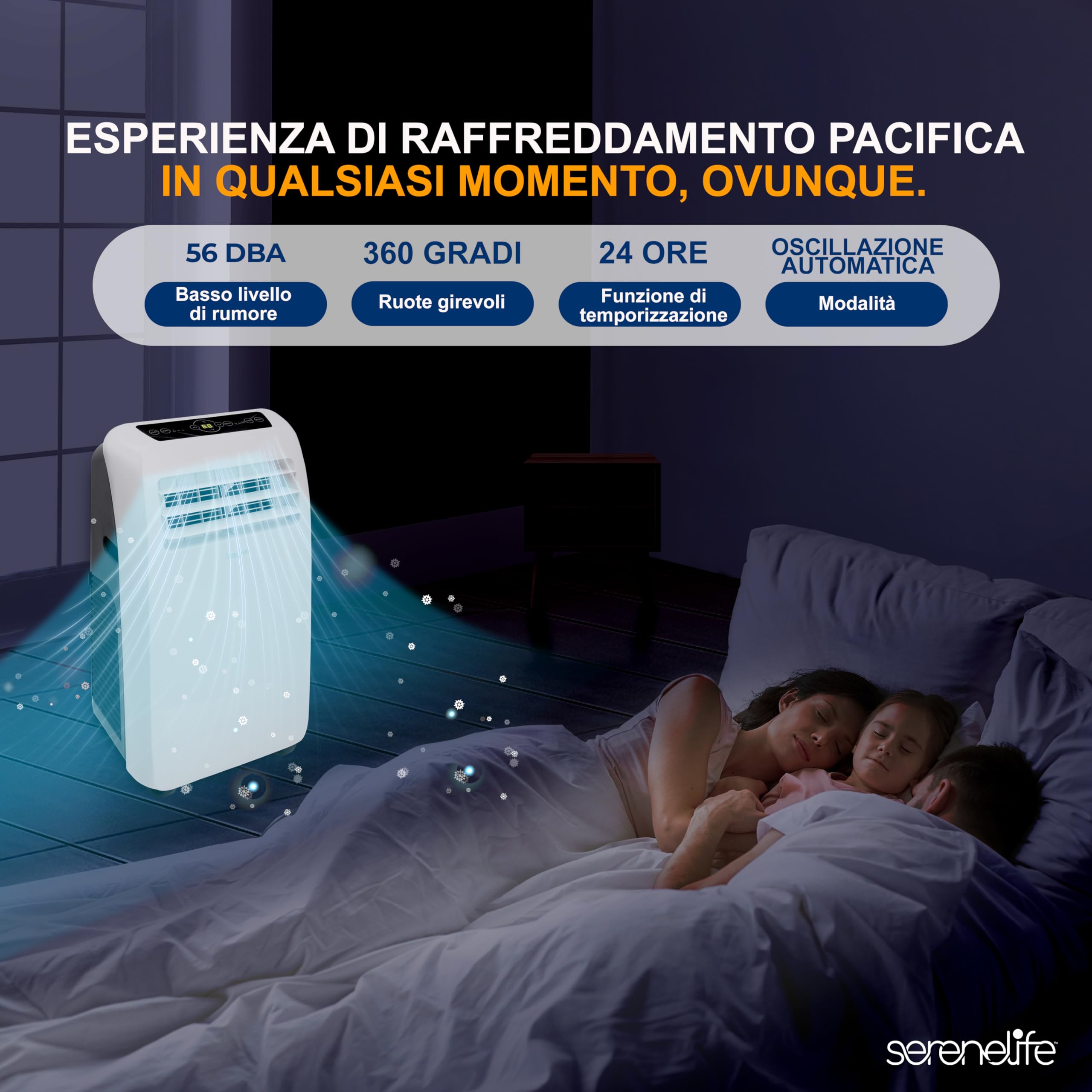 SereneLife Condizionatore Portatile 3-in-1 con Deumidificatore, Ventilatore, Telecomando, Kit Finestra, 9,000 BTU, [Classe A]