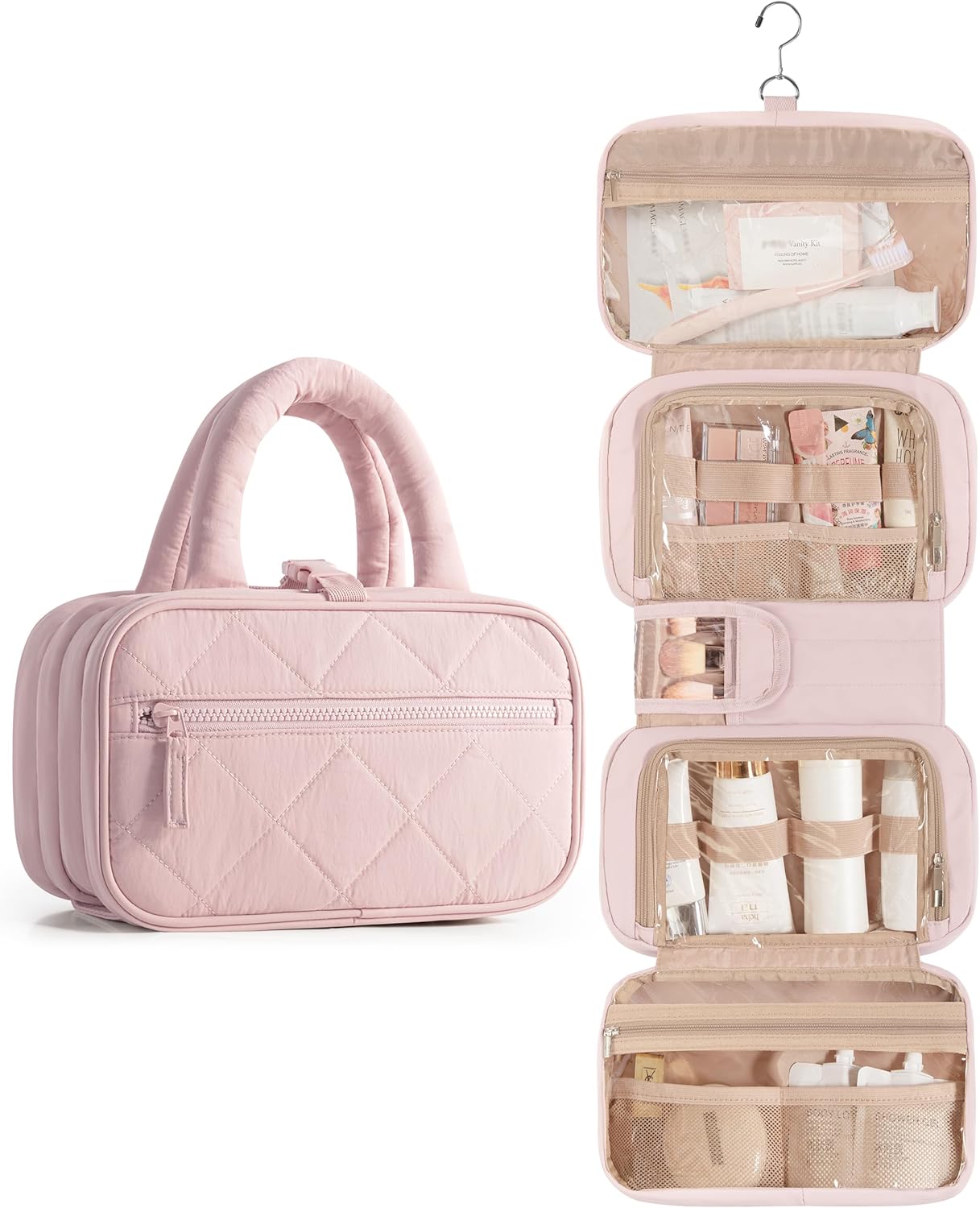 Travel Toiletry Bag for Women with Hanging Hook, Puffy Makeup Organizer with Brushes Slots for Bathroom, Shower and Beauty Essentials, Pink