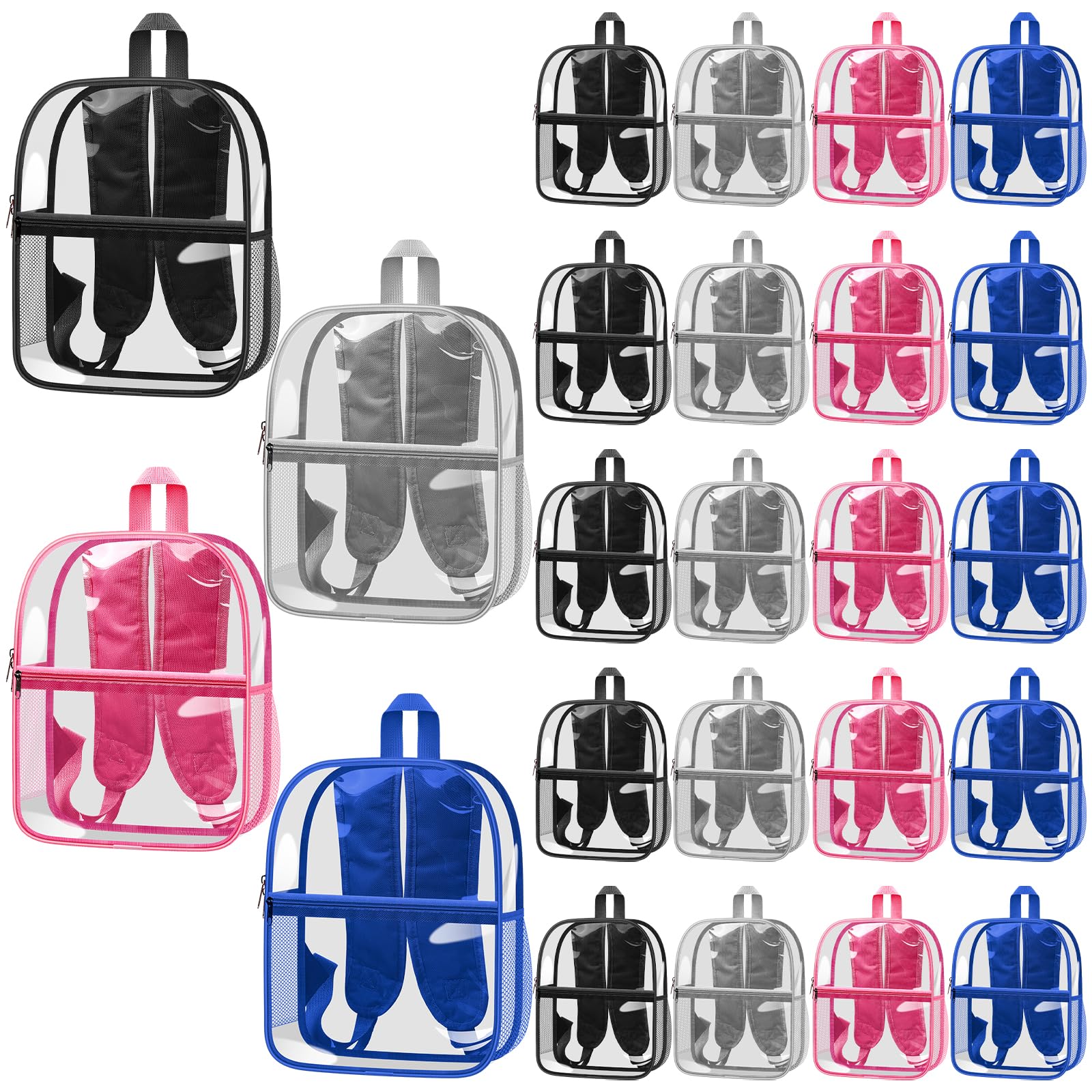 Silkfly 24 Pack Small Clear Backpacks Bulk 12.2 x 10.6 x 5.1 Inch PVC Transparent Bookbags with Pockets for School Travel