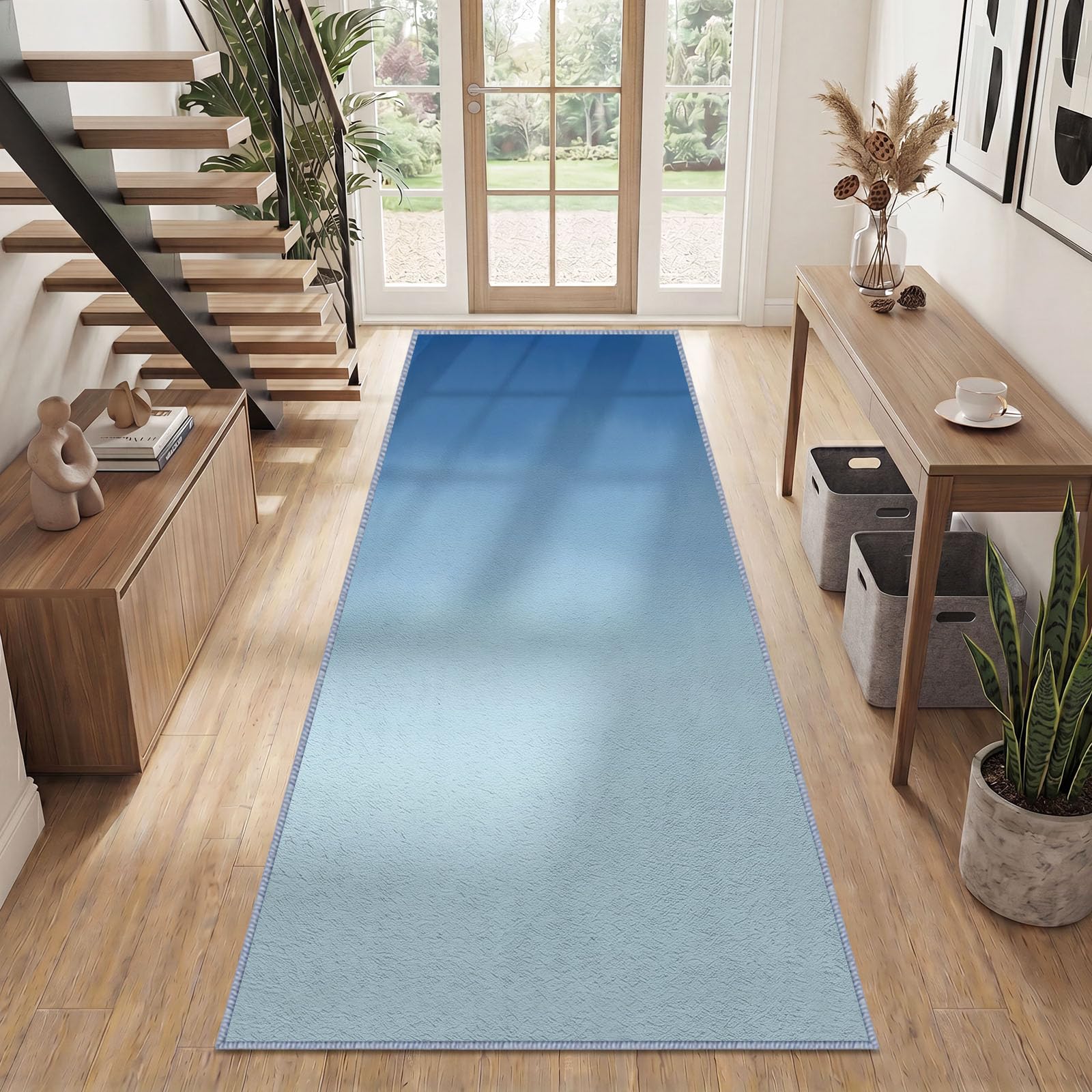 Alfombra azul degradado pasillo lavable a máquina, 80 x 300 cm