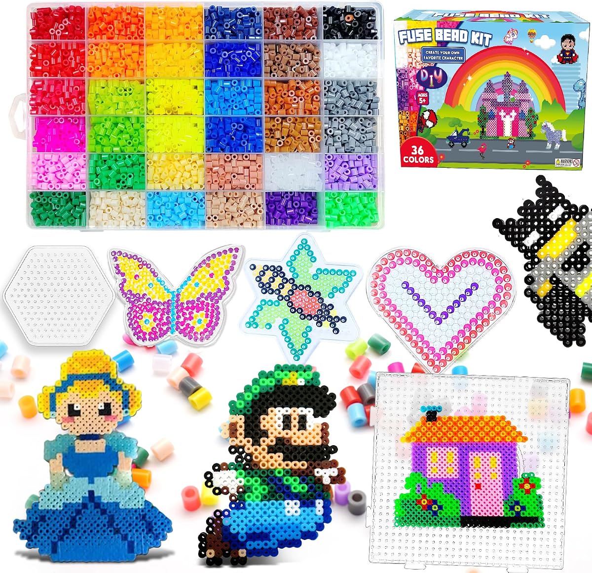 Kit de cuentas fusibles de 11000 5 mm para regalos artesanales - 36 colores | 66 patrones | Kit de cuentas derretidas, regalos para manualidades infantiles con 5 tableros perforados y 5 papeles de hierro, manualidades escolares STEM para niñas y niños a partir de 5 años