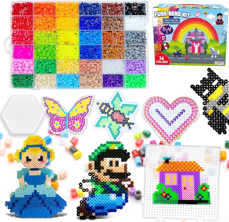 Kit de cuentas fusibles de 11000 5 mm para regalos artesanales - 36 colores | 66 patrones | Kit de cuentas derretidas, regalos para manualidades infantiles con 5 tableros perforados y 5 papeles de hierro, manualidades escolares STEM para niñas y niños a partir de 5 años