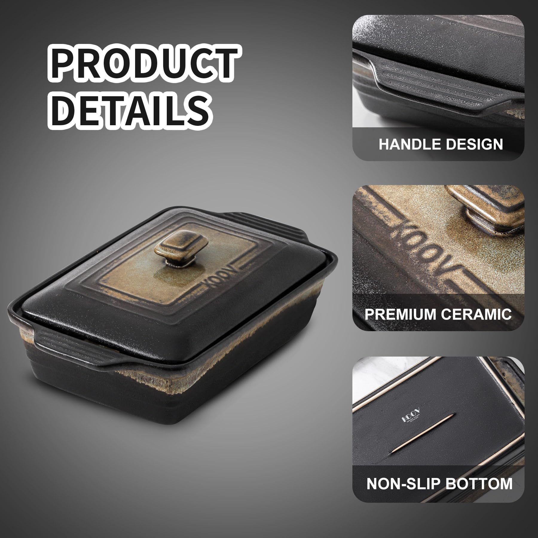 KOOV Ceramic Casserole Dish with Lid, Covered Rectangular Casserole Dish Set, Lasagna Pans with Lid for Cooking, Baking dish With Lid for Dinner, 9 x 13 Inches, Stripe Series (Rough Black)