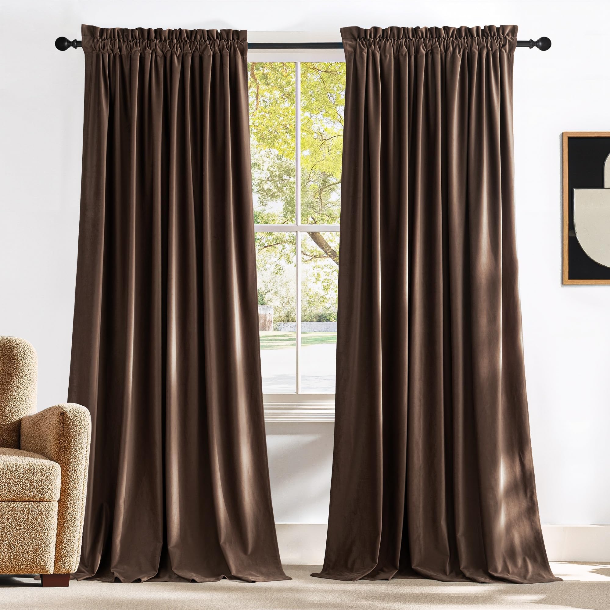 NICETOWN Brown Velvet Curtains 84 inches Length for Bedroom, 52 x 84
