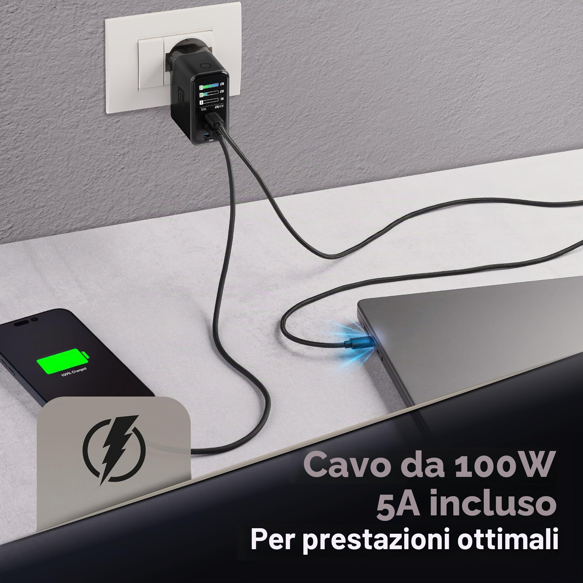 Cellularline PowerView IQ 67W Caricabatterie da Rete con Display TFT, 2 Porte USB-C PD e 1 Porta USB-A 30W, Uscita Simultanea 65W, Tecnologia GaN, Spina Pieghevole, Cavo Incluso