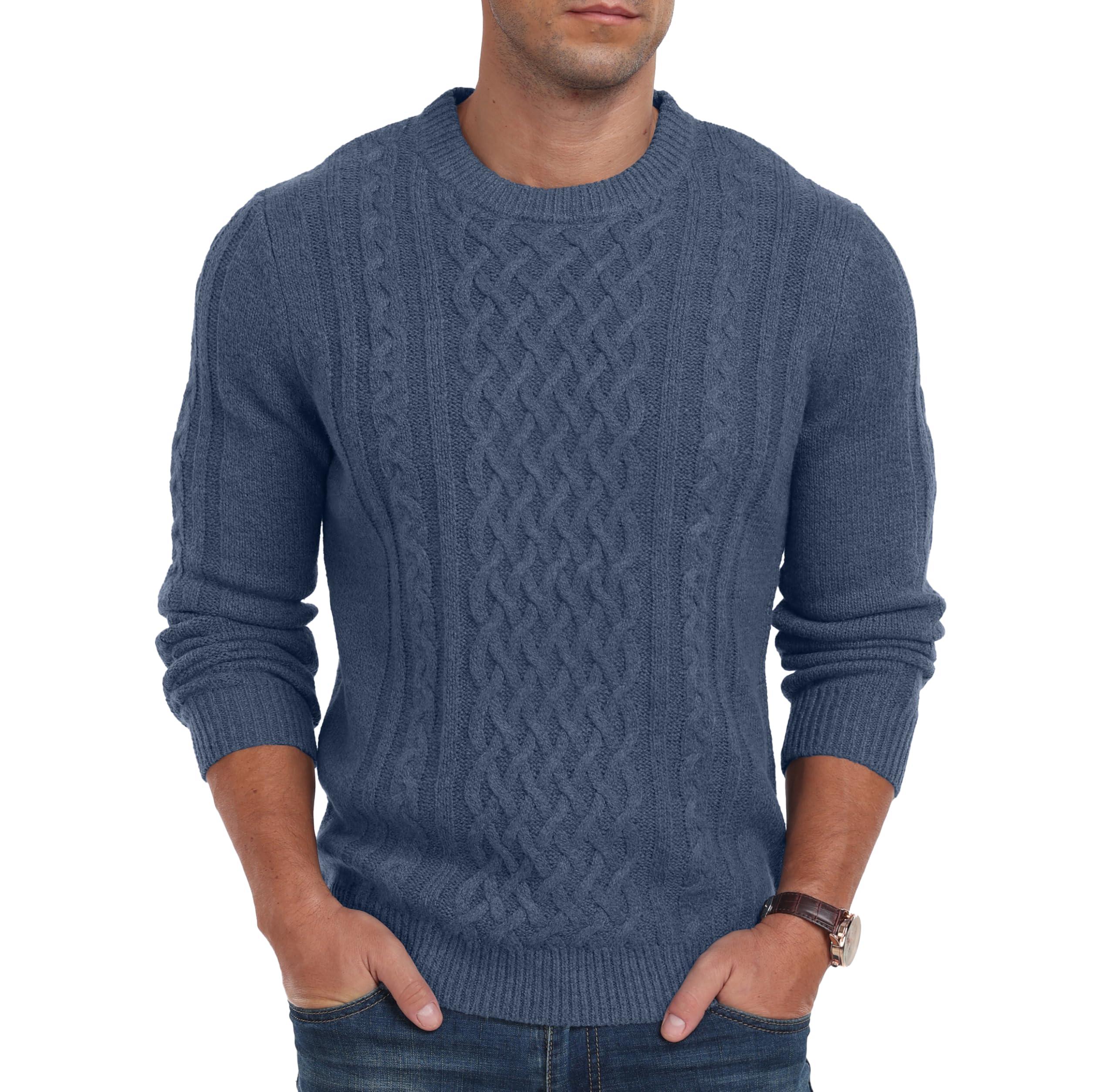 Hisir Pull d'hiver en tricot épais pour homme - Col rond - Chaud - Manches longues - Pull à col rond - Pour homme