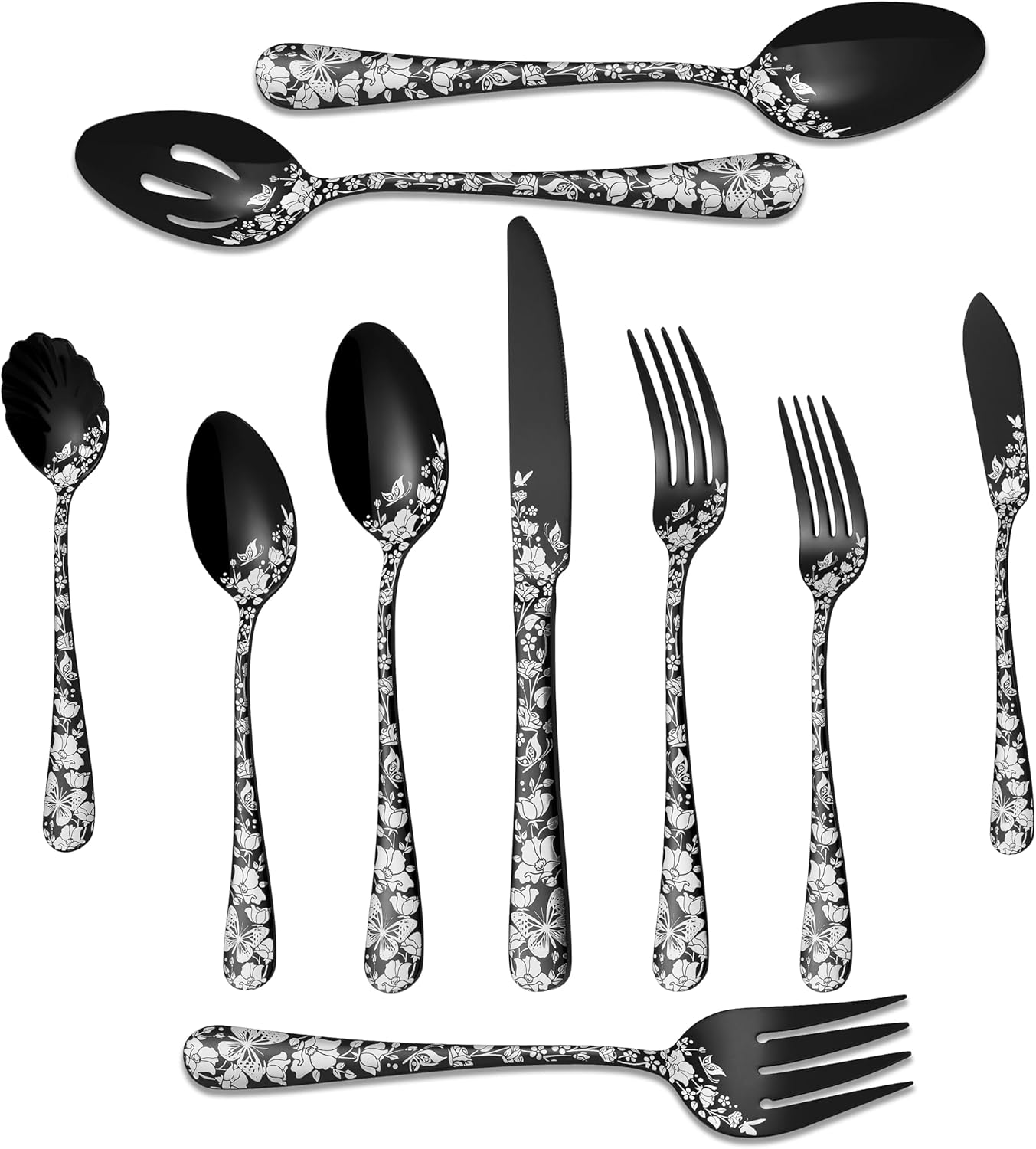 Stapava 45-Piece Black Silverware Set with Serving Utensils for 8, Stainless Steel Flatware Cutlery Set for Home and Restaurant, Mirror Tableware Include Forks Spoons Knives, Dishwasher Safe