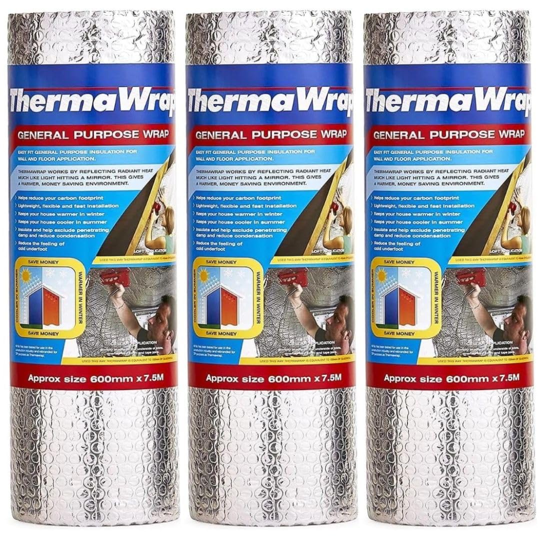 Drw Silver General Purpose Insulation Wrap Thermawrap 600Mm X 7.5M (Pack Of 3) | Multi-Purpose Reflective Foil Insulation | Ideal For Attics, Lofts, Sheds & Garages | Energy Saving Barrier