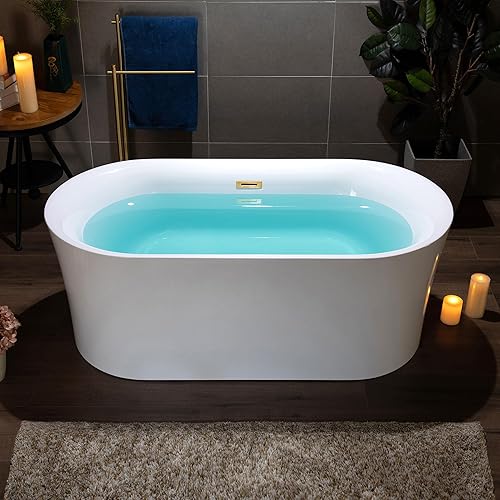Miniatura 5 de WOODBRIDGE Bañera de acrílico independiente de 59 pulgadas con desbordamiento y drenaje de oro cepillado, bañera blanca