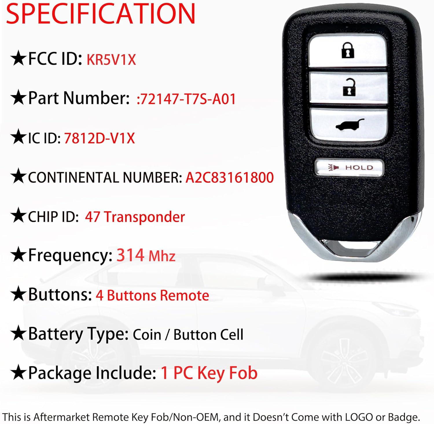 MechanMagic Smart Key Fob Replacement Fits for Honda HRV 2016 2017 2018 2019 2020 2021 2022/Honda Fit EX EX-L EX-LH Keyless Entry Remote Control KR5V1X PN:72147-T7S-A01 47Chip 314MHz SUV A2C83161800