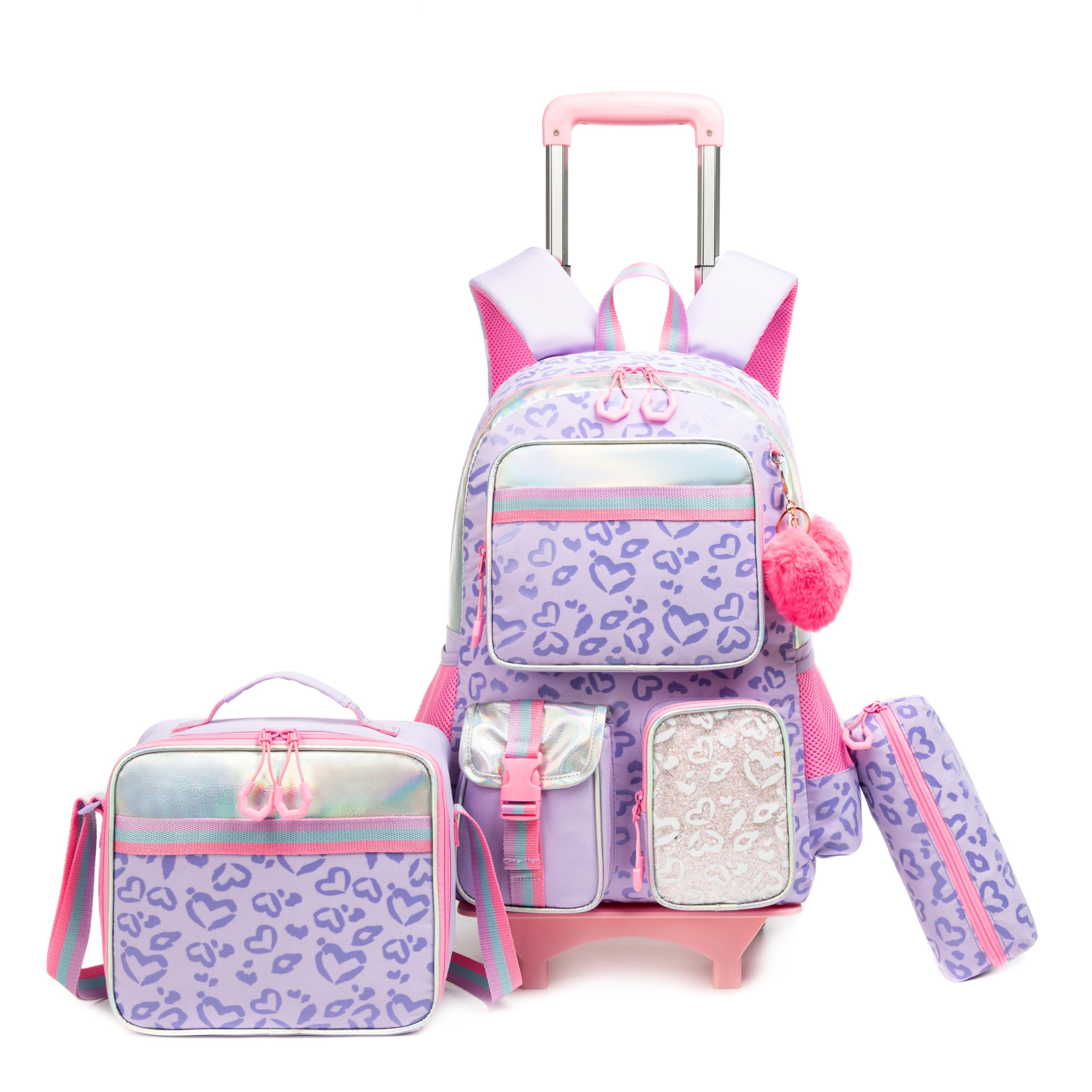 Oruiji Rolling Backpack for Girls with Wheels Backpack for School Girls 6-8 Love Shape 3PCS Lightweight Comfortable Backpack