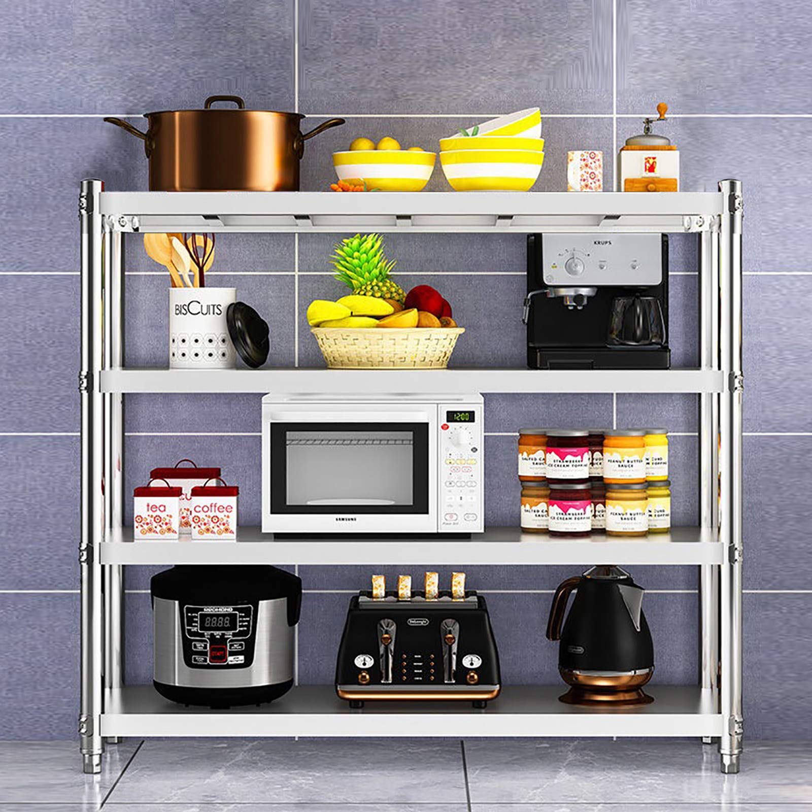 Tavolo da lavoro in acciaio inox, 120 x 40 x 150 cm, 4 ripiani, in acciaio inox, per dispense, ristoranti, cucine, grandi cucine
