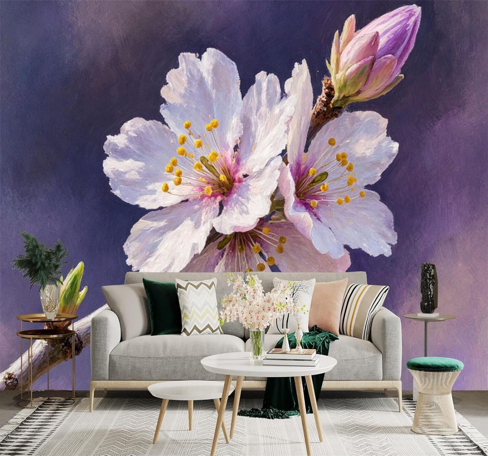 XLMING Blooming Cherry Blossoms Purple Art Painting Style 3D Wallpaper Premium Textured Silk Study Dining Living Room Bedroom Sofa TV Wall Easy Install-250cm×170cm
