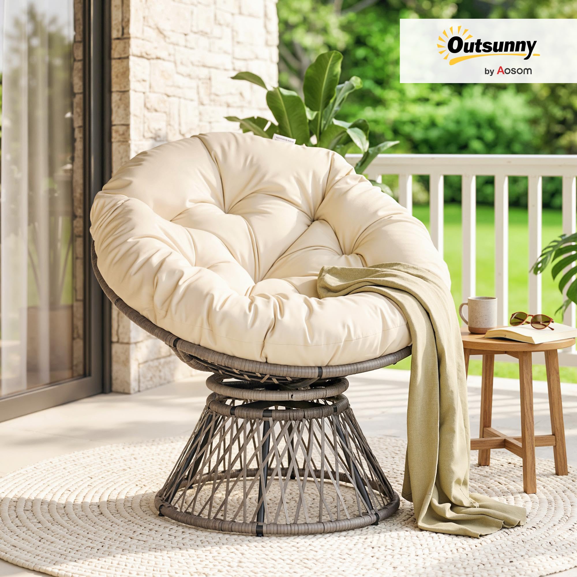 Outsunny Sillón Papasan Giratorio 360° de Ratán Sintético Silla Ovalada de Mimbre PE con Cojín y Marco de Acero Carga 160 kg para Jardín Patio Terraza 87x97x86 cm Gris y Crema