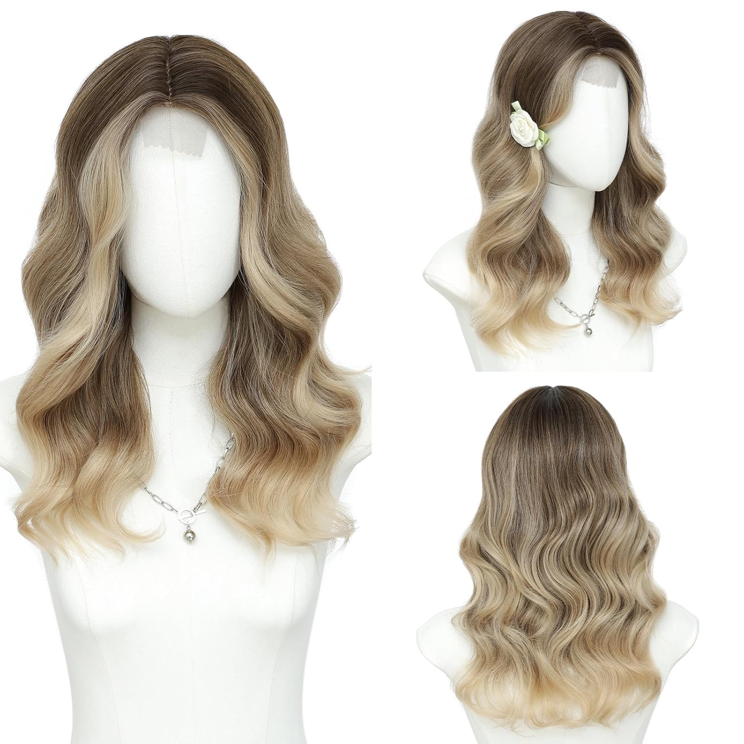 Ombre Blonde Wave Wigs for Women 18 Inch Medium Length Wigs Middle Part Curly Wavy Wig Natural Looking Synthetic Heat Resistant Fiber Wig for Daily Party Use(Ombre Blonde,18 Inch) - Image 8