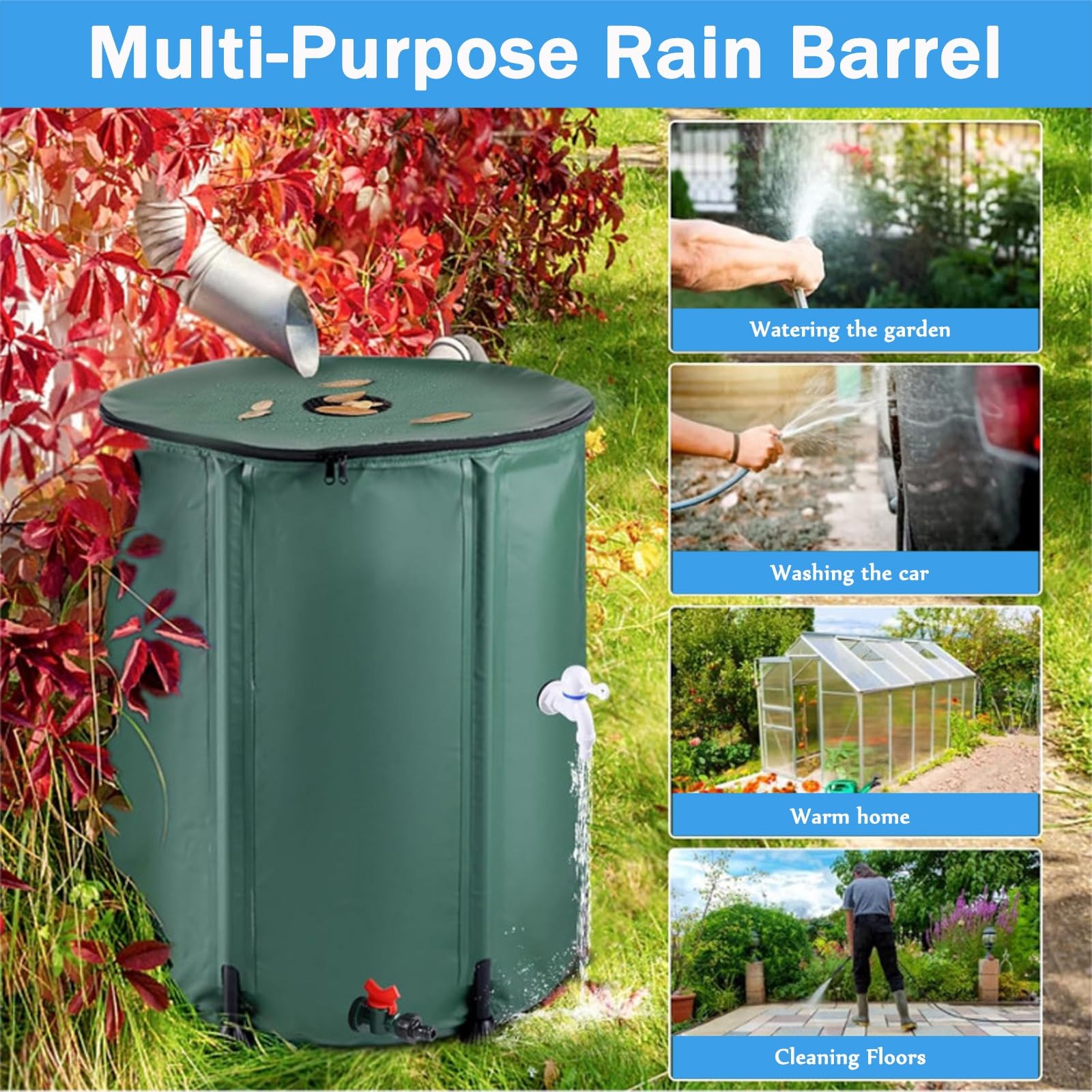 Barril De Lluvia Plegable，Bidón con Grifo，Hecho De Material Resistente A Los Arañazos, No Propenso Al Envejecimiento Ni A La Deformación, Plegable Y Fácil De Almacenar.(250L)