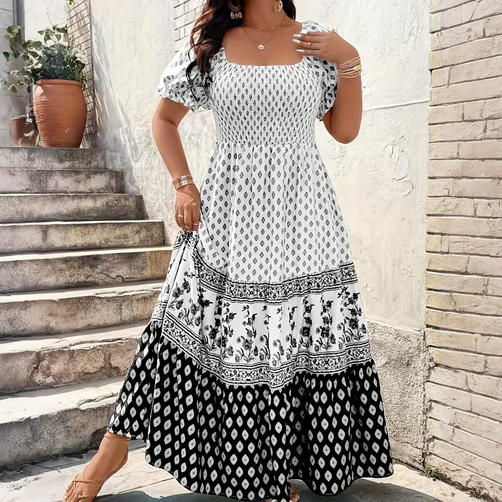 Maxikleid Große Größen Sommerkleid Damen Lang Elegant Blumen Boho Kleid A Linien Gesmoktes Kleider Für Mollige Frauen Sommer Maxi Sommerkleider Leicht Und Luftig Strandkleid Grosse Grössen