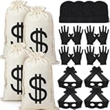 16 Pieces Robber Costume Set Include Canvas Dollar Sign Money Bags Knit Beanie Cap Eye Mask Gloves for Halloween Thief Cosplay Burglar Theme Party Accessories