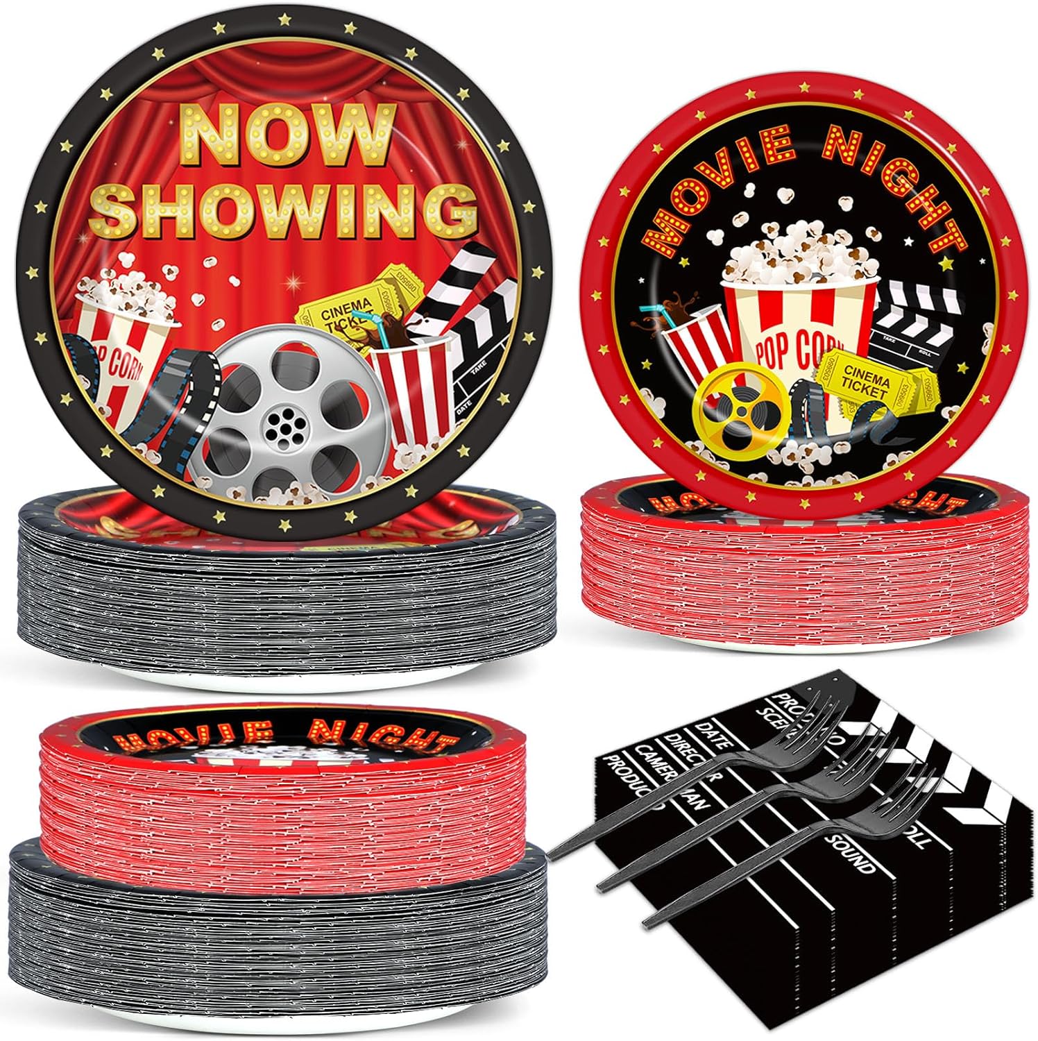 200pcs Movie Night Party Supplies Decorations Movie Popcorn Theme Paper Plates Napkins Now Showing Red Carpet Disposable Tableware Set for Birthday Party Favors Serve 50