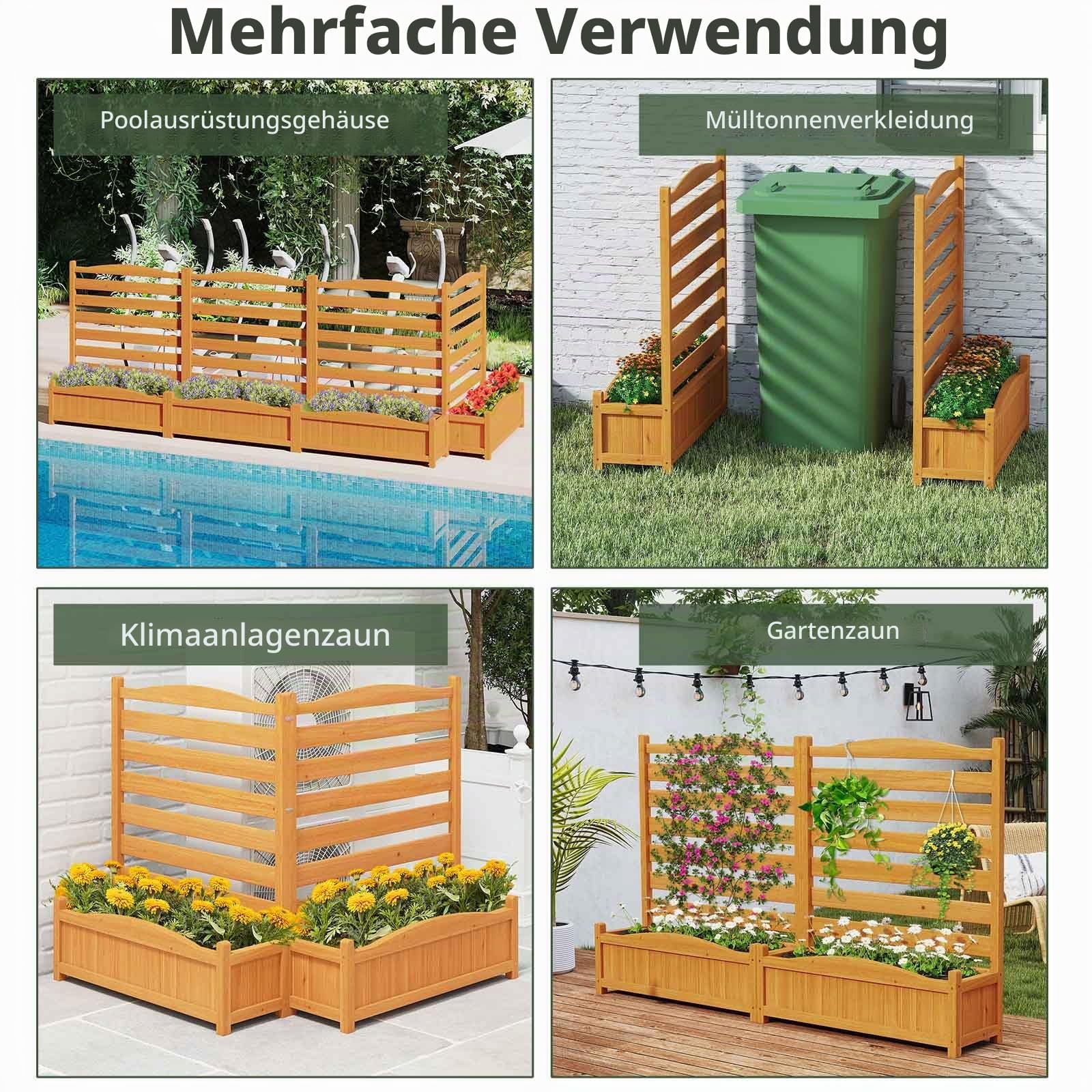 HOMASIS 2 Blumenkästen mit Gartenzaun, Holz Pflanzkasten mit Sichtschutz, Hochbeet mit Spalier & Abluflöchern, DIY modulare Pflanzkübel mit Gartenspalier für Garten Balkon Terrasse (2 Zäune)