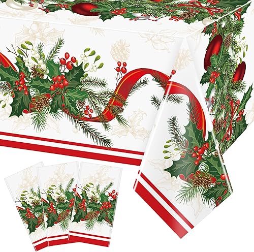 Miniatura 1 de WovWeave Mantel desechable de plástico navideño de 108 x 54 pulgadas, mantel rectangular de guirnalda de cinta de bayas de acebo para fiesta de