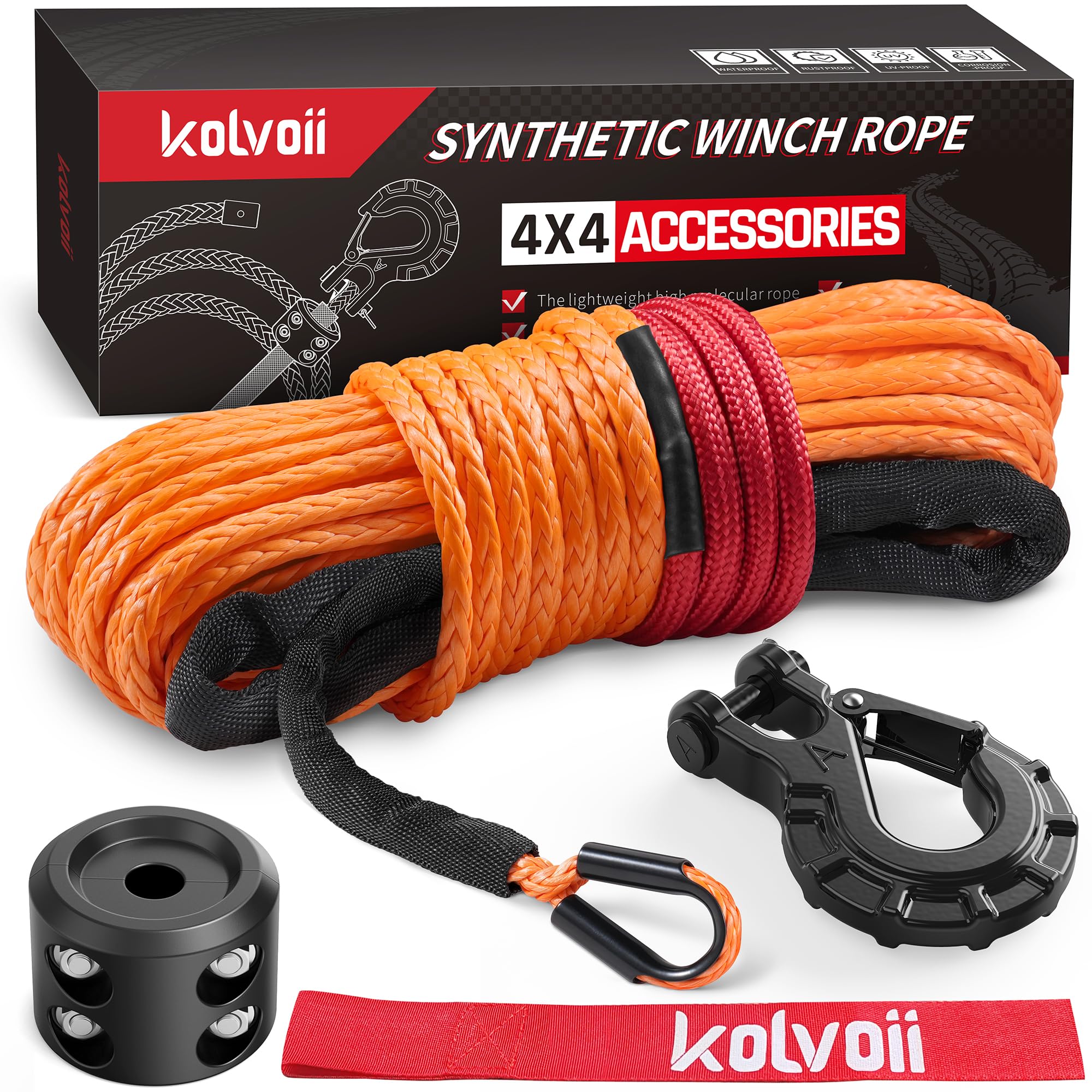Kolvoii Synthetic Winch Rope Kit, 1/4" x 50ft 9,650lbs Winch Cable with Steel Hook, Winch Line Stopper and Safety Pull Strap for ATV UTV Off-Road Vehicle etc(Orange Rope, Black Hook)