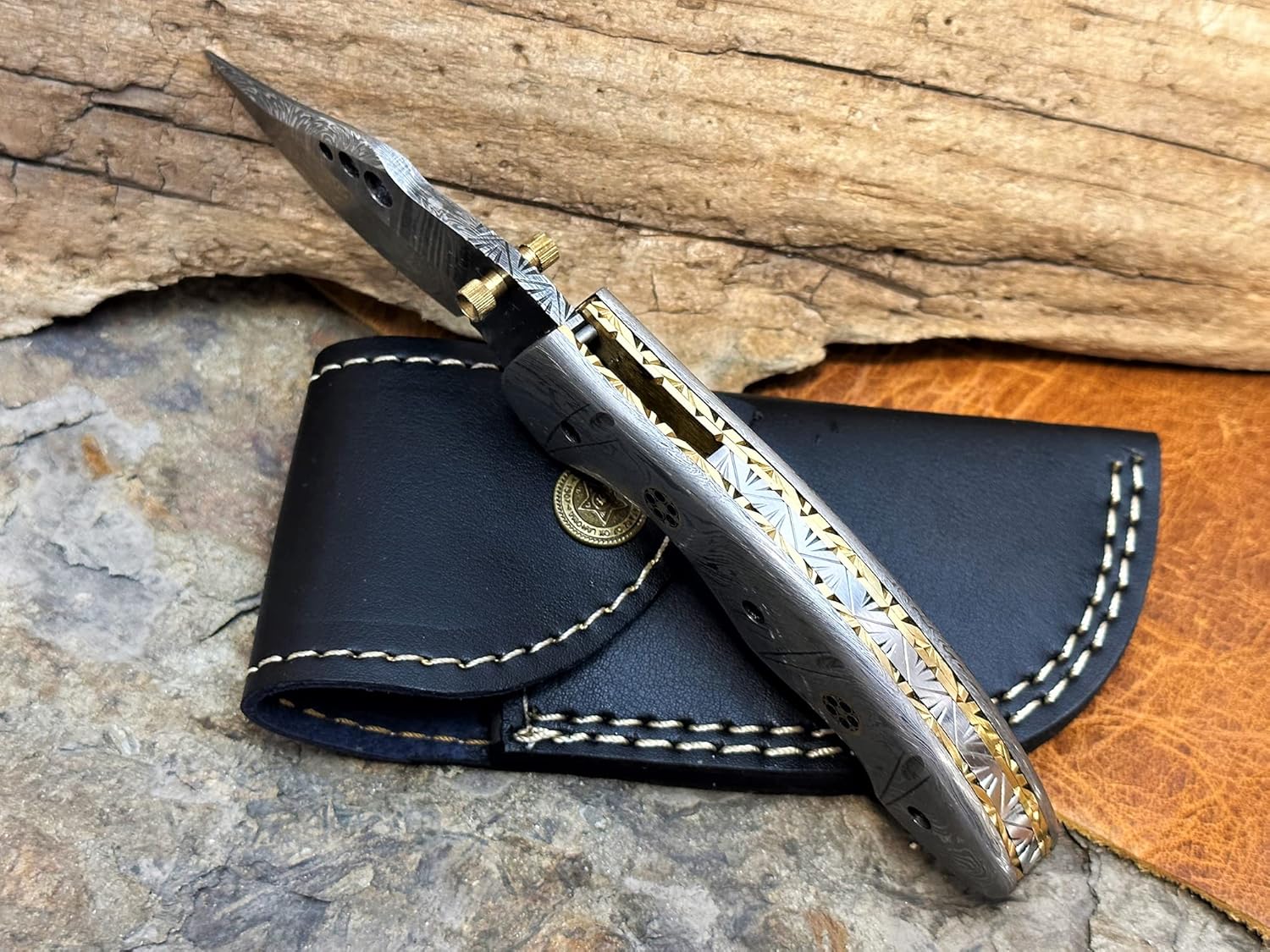 WINTERFELL Personalized Damascus Steel Hunting Pocket Knife with Leather Sheath and Burnt Camel Bone Handle - 7.5" Custom Engraved Gift Knife for Men - Anniversary, Birthday Gifts for Husband, Dad
