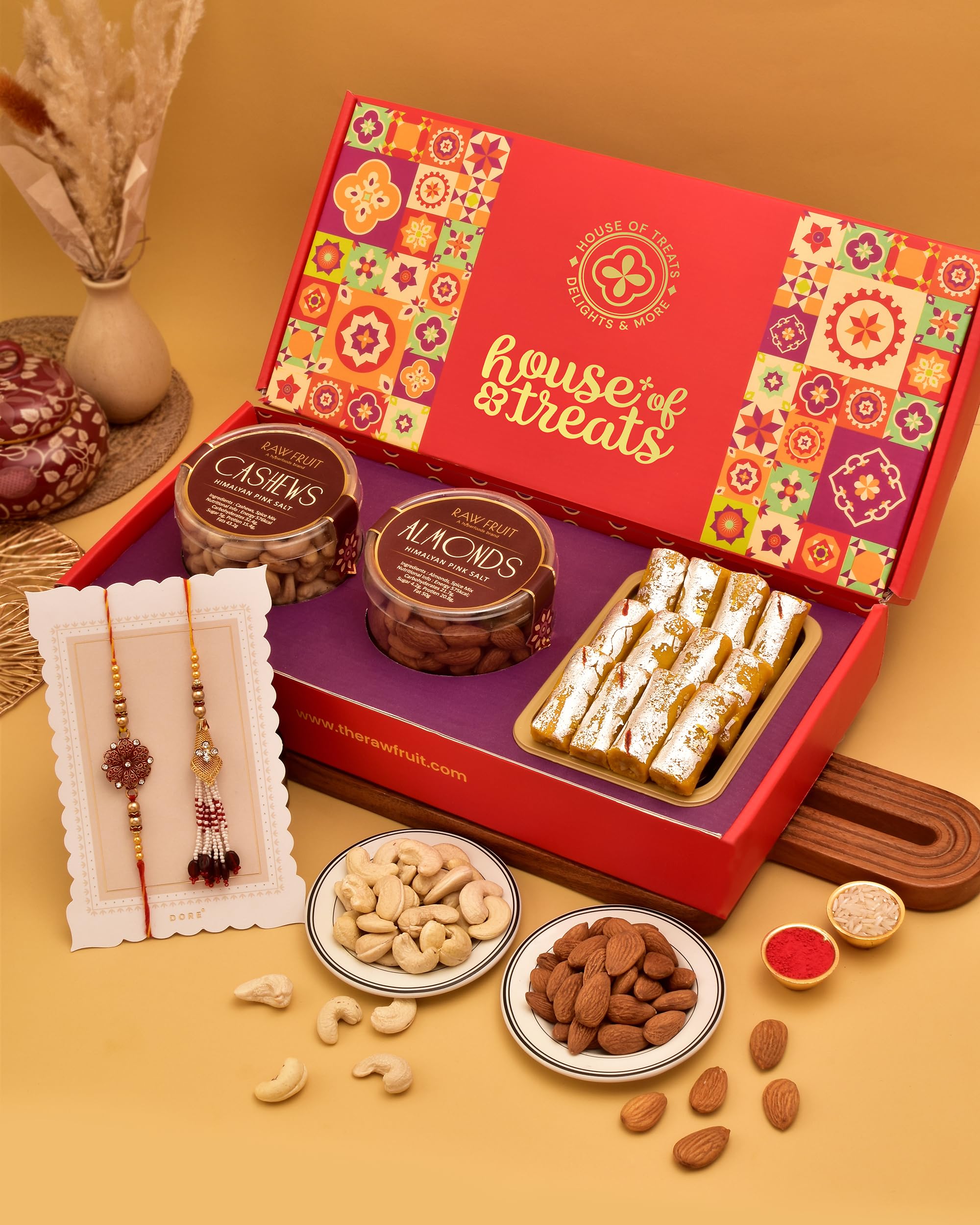 House Of TreatsĀ® Rakhi For Brother And Bhabhi With Sweets Rakhi With Sweets Dry Fruits With Rakhi Roasted Dryfruits Cashew Almond Kesarroll Flower Petals Bhaiya Bhabhi Rakhi Set Rakhi Sweets