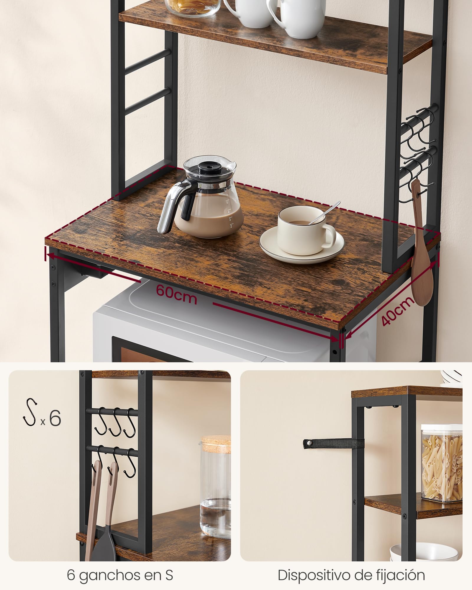 VASAGLE Estantería de Cocina con Enchufes, Estantería de Pie para Cocina, Estantería para Microondas, 6 Estantes y 6 Ganchos, Marco de Acero, 40 x 60 x 167 cm, Marrón Rústico y Negro Tinta KKS124K01