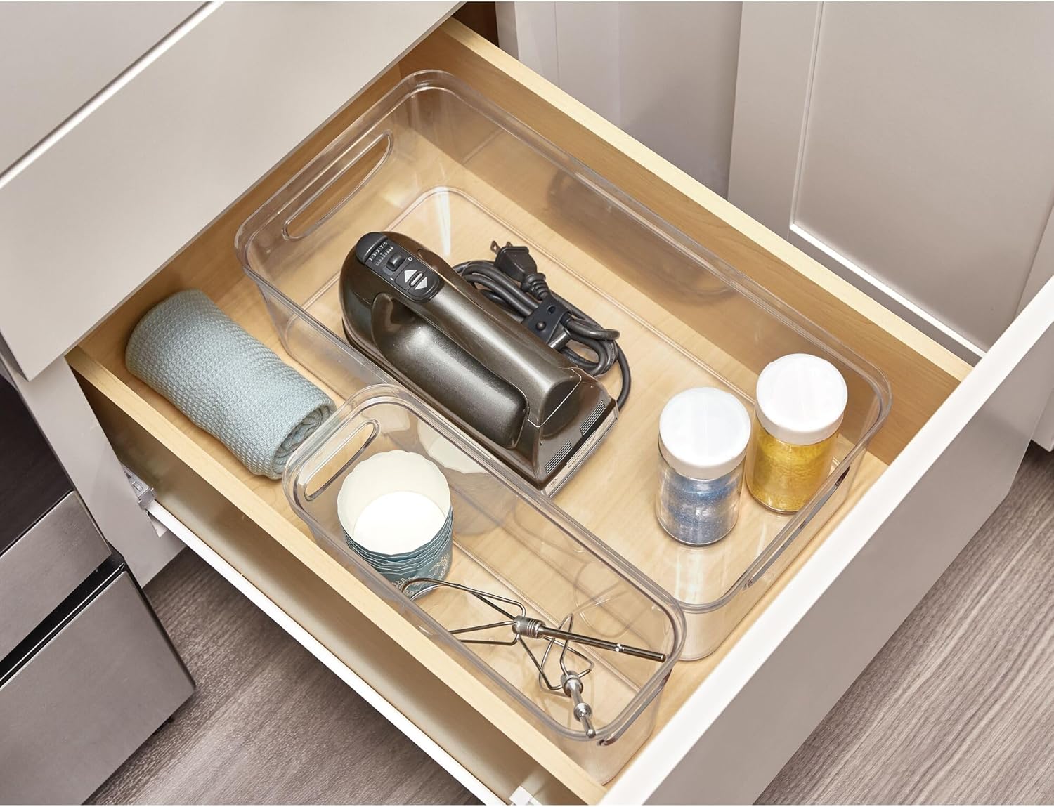 Clear Compact Modular Kitchen Organizer Bin with Integrated Handles