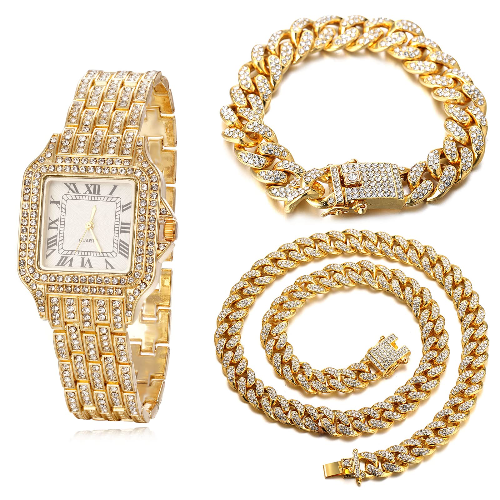HALUKAKAH Reloj de Oro con Diamantes,Hombre Chapado en Oro de 18 Quilates/Oro Rosa/Oro Blanco Chapado en Platino 33MM Ancho Esfera Cuadrada Cuarzo 20cm con Cadena de Cubanos Collar Pulsera