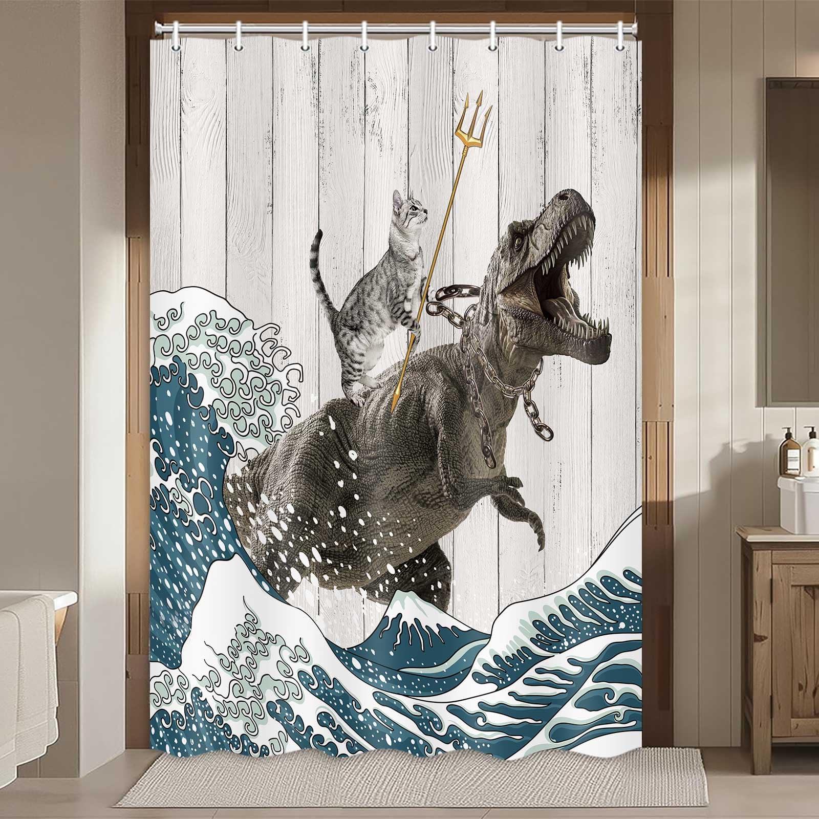 Boziqr Funny Cat Shower Stall Curtain, Cool Cat Dinosaur Japanese Ocean Wave Decor Fabric RV Bathroom Curtains, Kids Children Rustic Wooden Farmhouse Shower Curtain, 47 X 64 Inches