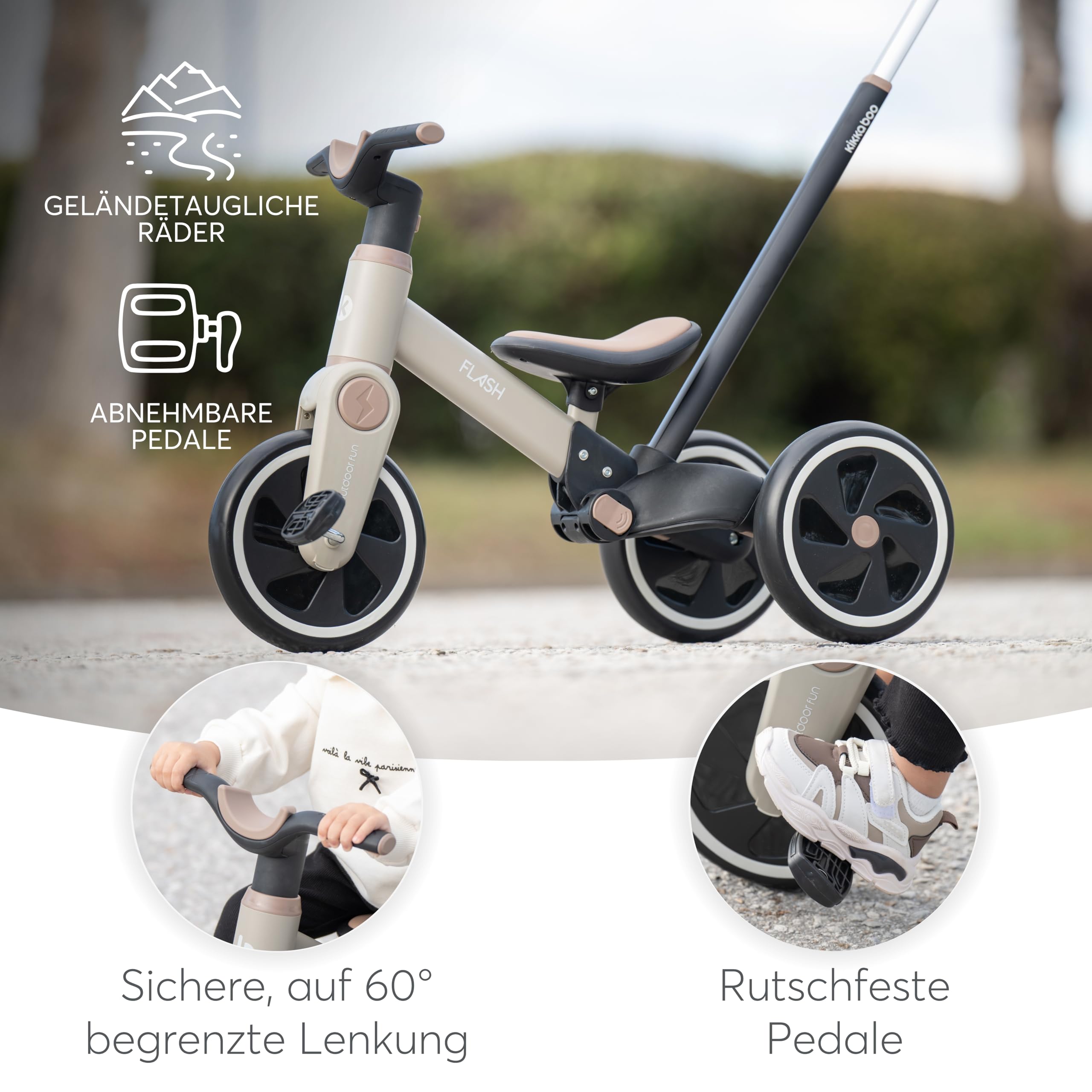 KikkaBoo Flash Dreirad Ab 18 Monaten, 5-in-1 Laufrad Und Dreirad, Umwandelbar Zum Laufrad Oder Fahrrad Ohne Pedale, Mit Verstellbarer Schiebestange, Eva-Räder, Stabiler Stahlrahmen, Beige