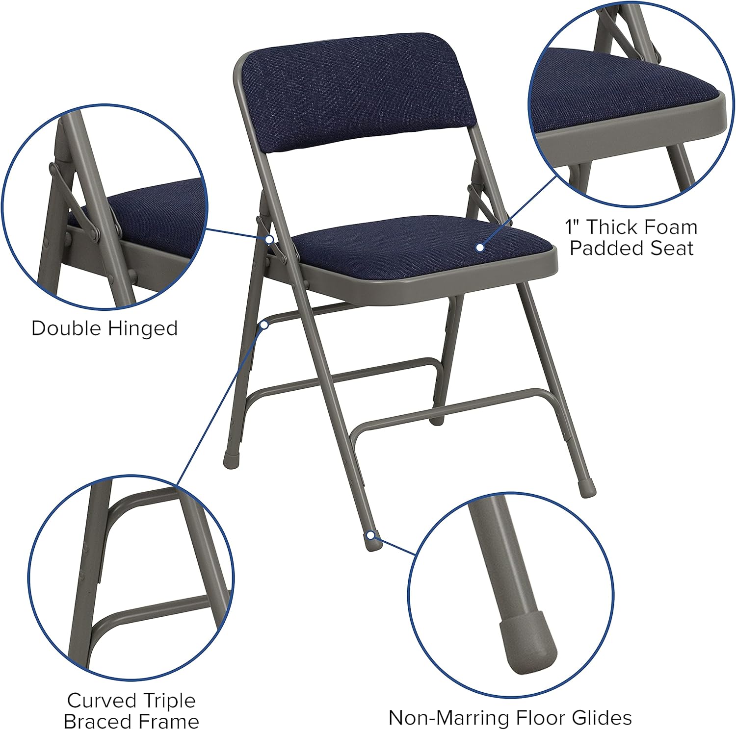 Flash Furniture Hercules Series Sheldon Metal Folding Chairs with Cushioned Seat, Fabric Upholstered Event Chairs, Set of 4, Navy