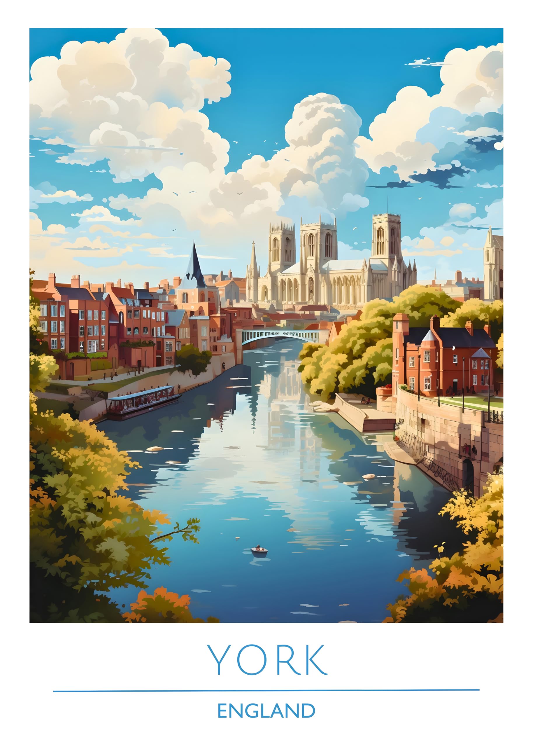 Iconic Cities Unframed A4 A3 Travel Poster Prints, Travel Wall Art, Home Décor, Paris New York Dubai Tokyo Rome Barcelona etc. (England, York, A3 Print Only)