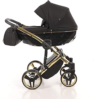 KOMBI KINDERWAGEN SET JUNAMA DIAMOND S-LINE BABYWAGEN BUGGY BABYSCHALE + ZUBEHÖR (02 Schwarz-Gold, 3IN1)
