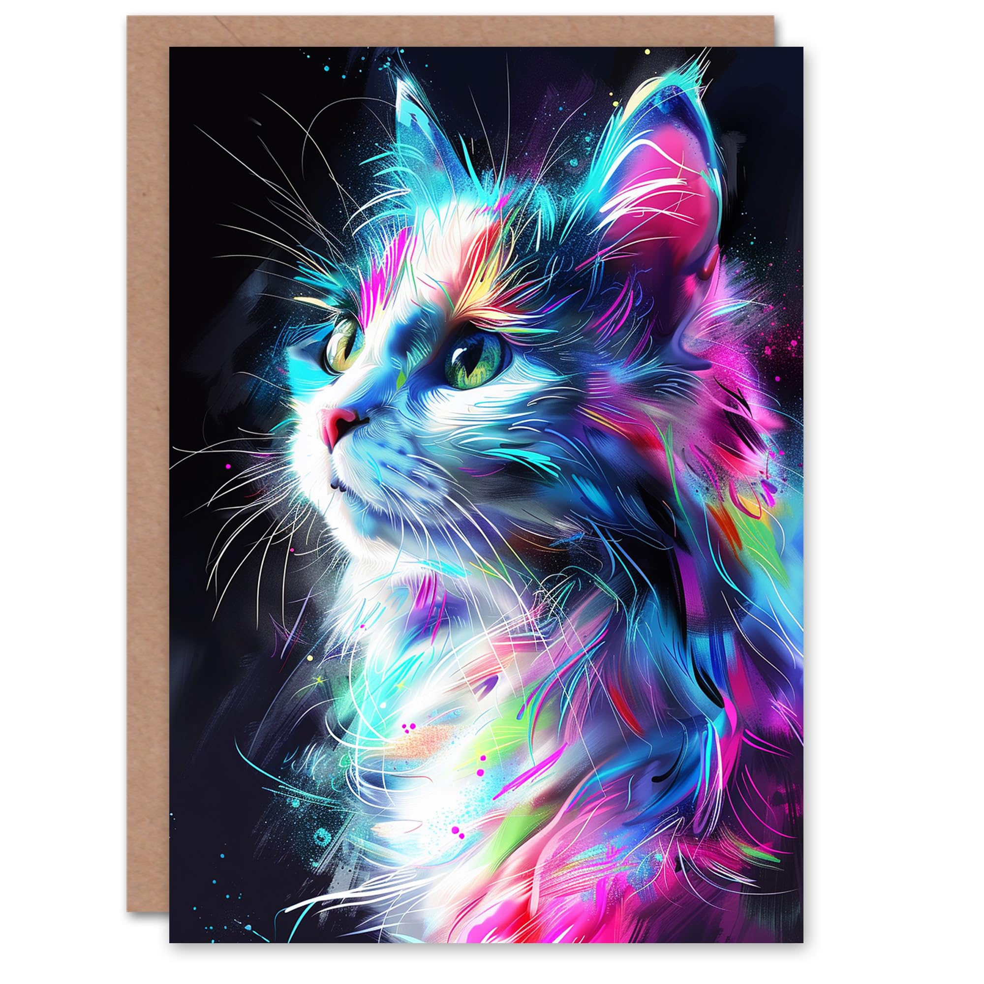 Artery8 Birthday Card Colourful Neon Kitty Portrait Cat Lover For Her Gran Sister Niece Daughter Wife Woman Greeting Card