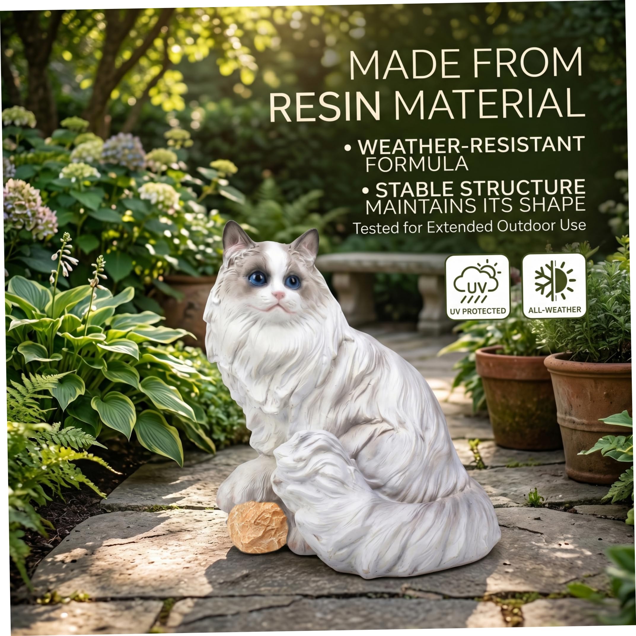 Statua da Giardino per Gatti, Statuetta realistica di Gatto Ragdoll - Statua da Esterno in Resina per Decorazione di Cortile e Balcone, Bianca, Alta 9, 06 Pollici, per Esterno
