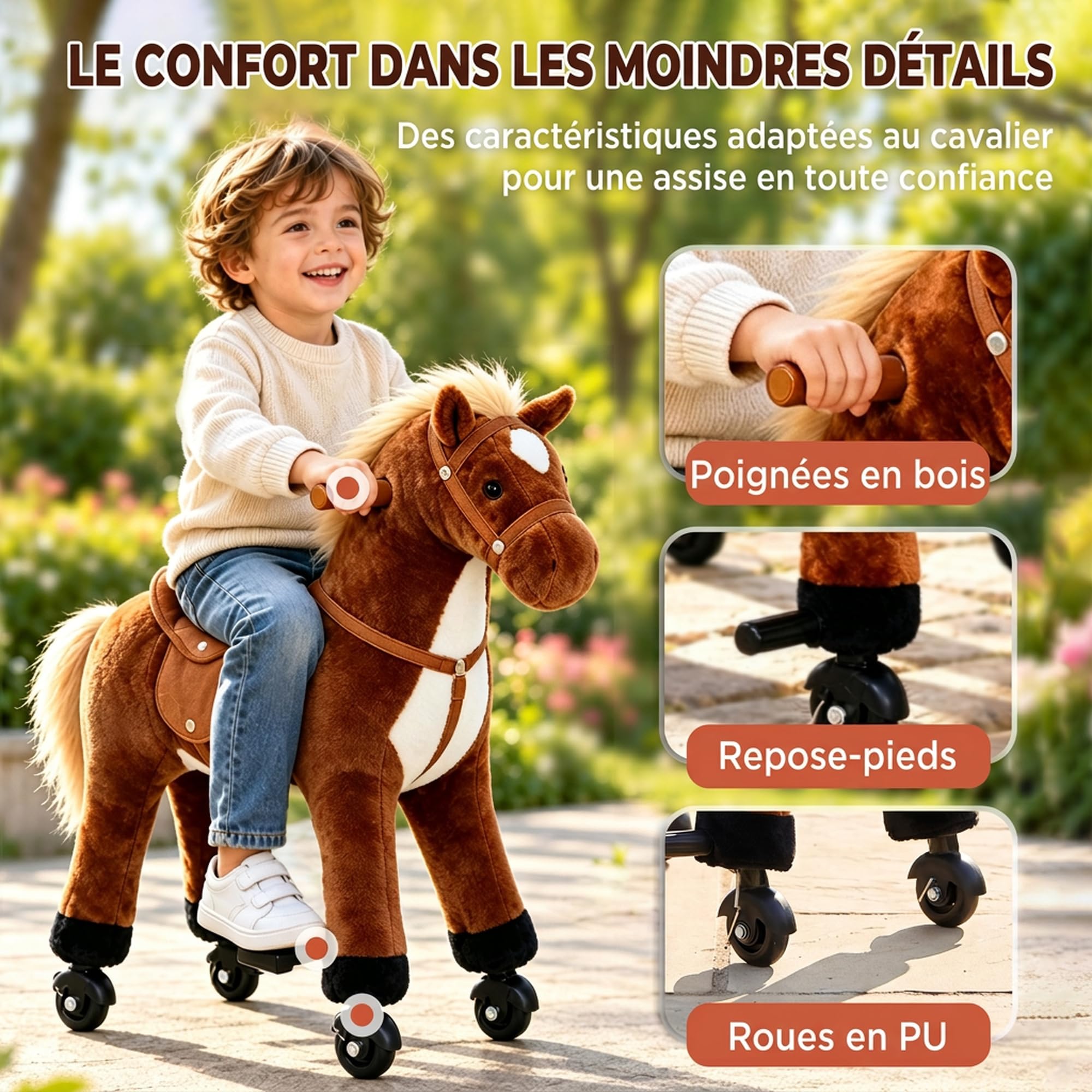 HOMCOM Cheval à Monter pour Enfant Sons Réalistes 24+ Mois 75 cm Marron
